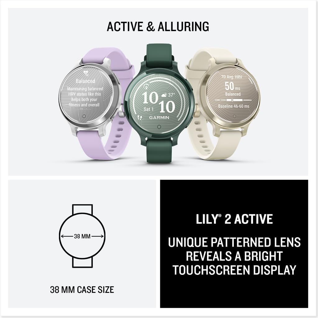 Garmin Lily® 2 Active  Small and Stylish Smartwatch  Built-in GPS  Hidden Display  Patterned Lens  Up to 9 Days Battery Life  Jasper Green with Jasper Green Silicone Band