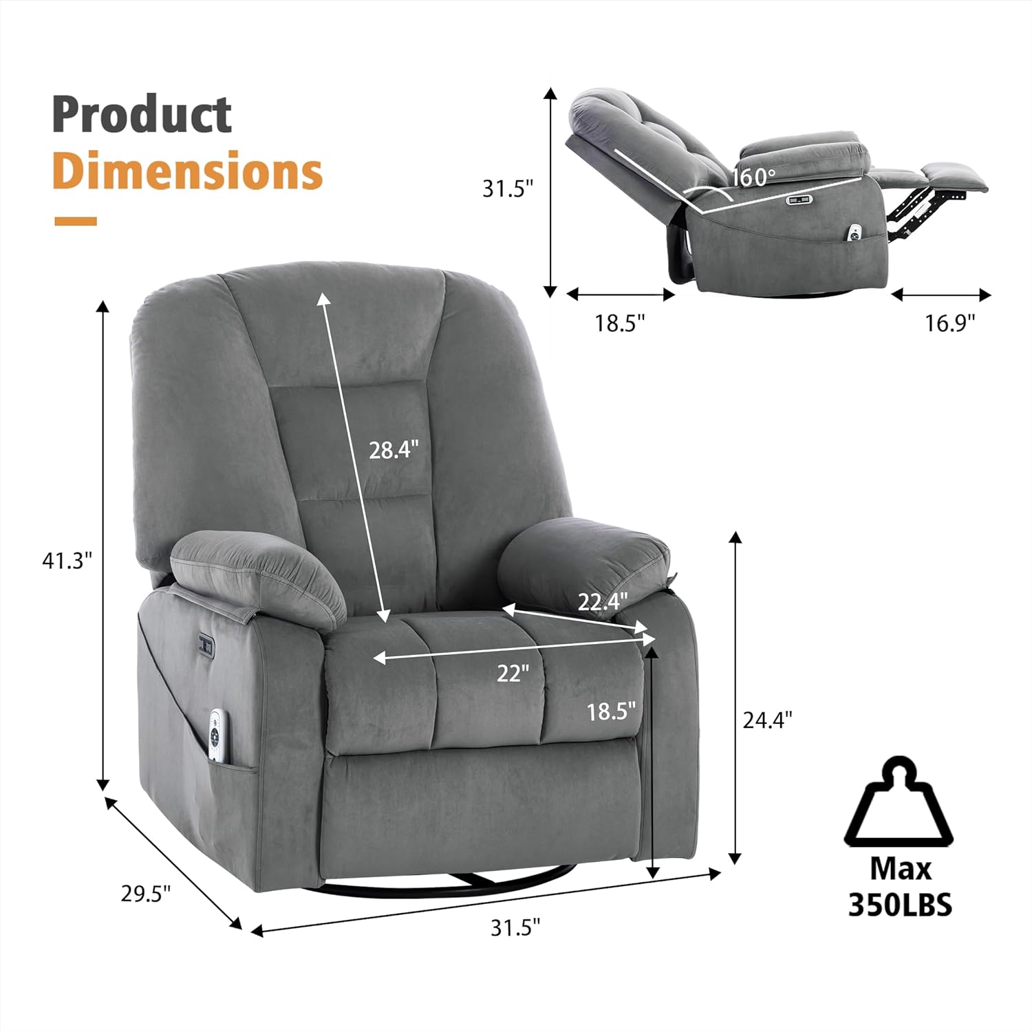 Power Swivel Rocker Recliner with Massage and Heat, USB and Type-C Port, Infinite Position, Electric Glider Rocking Chairs Living Room, Soft Fabric Reclining Sofa Chair (Velvet Grey)