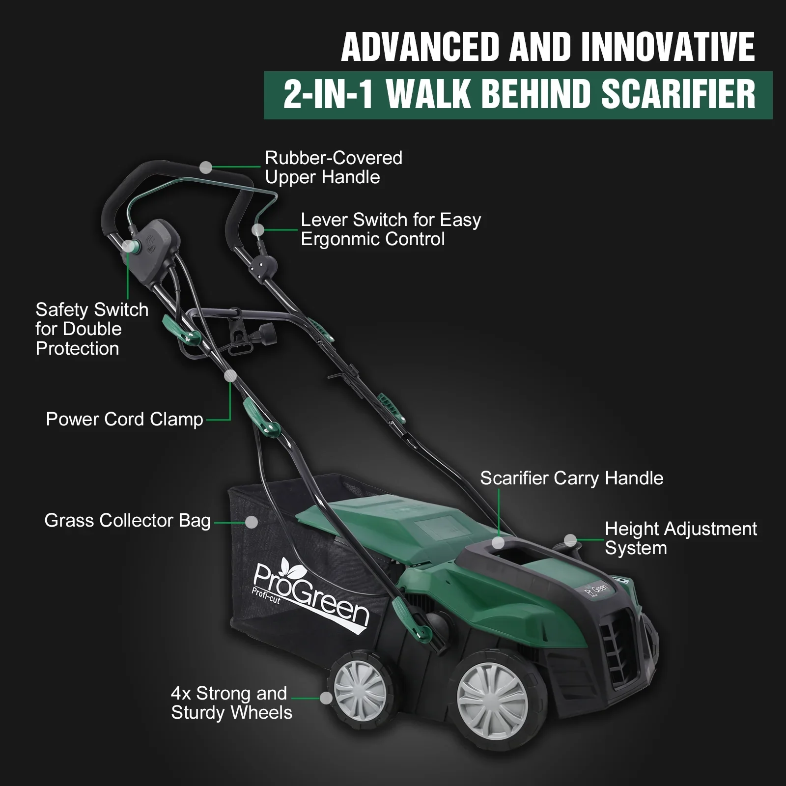 Dethatcher and Scarifier, Seizeen 16-Inch Lawn Dethatcher Scarifier 2-IN-1 Gardening Equipment, Powerful 15 Amp Electric Dethatcher & Scarifier, Height Adjustable, 58QT Removable Thatch Bag