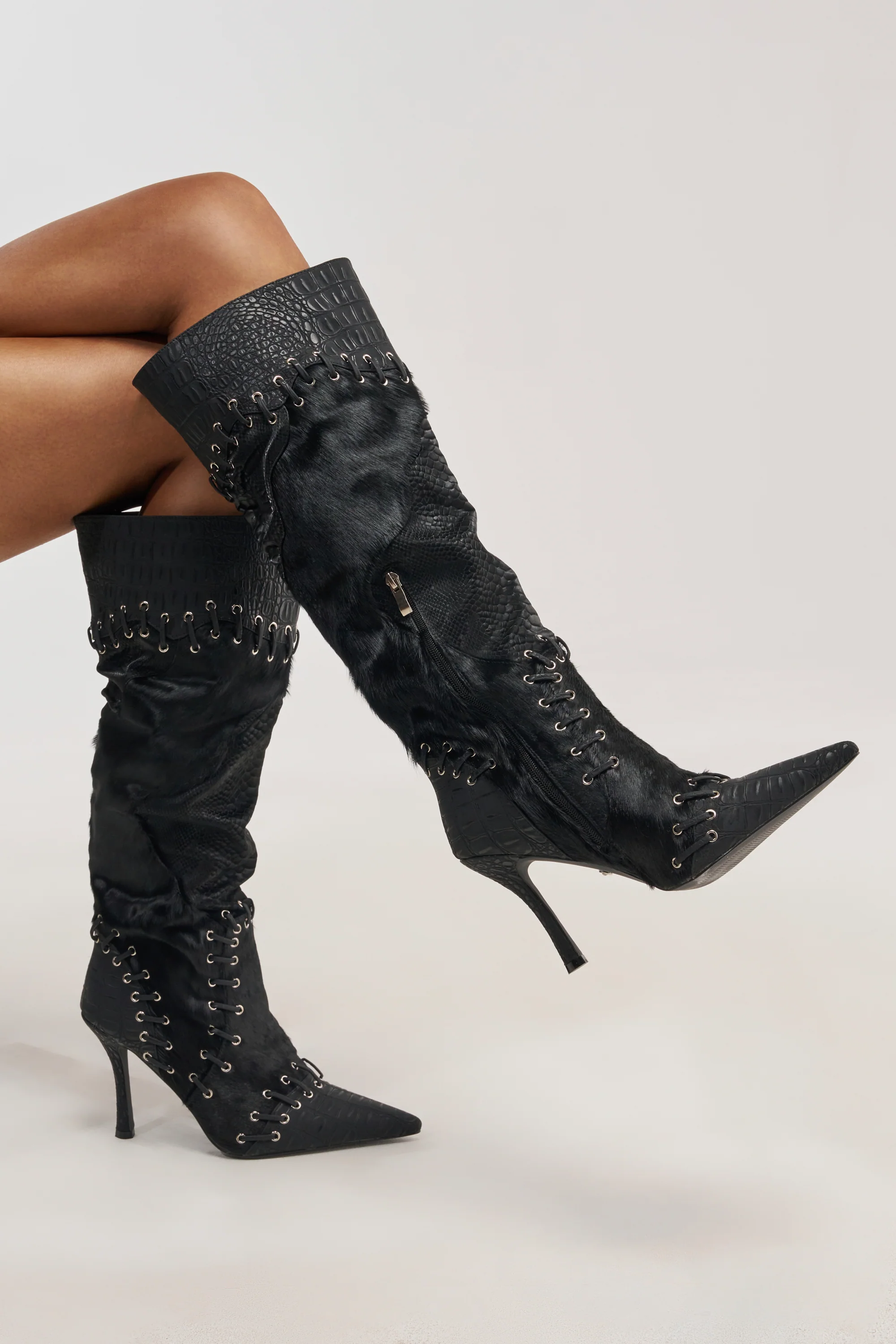 AZALEA WANG NOVAK BLACK PONY HAIR AND LACE UP STILETTO BOOT - Akira Store