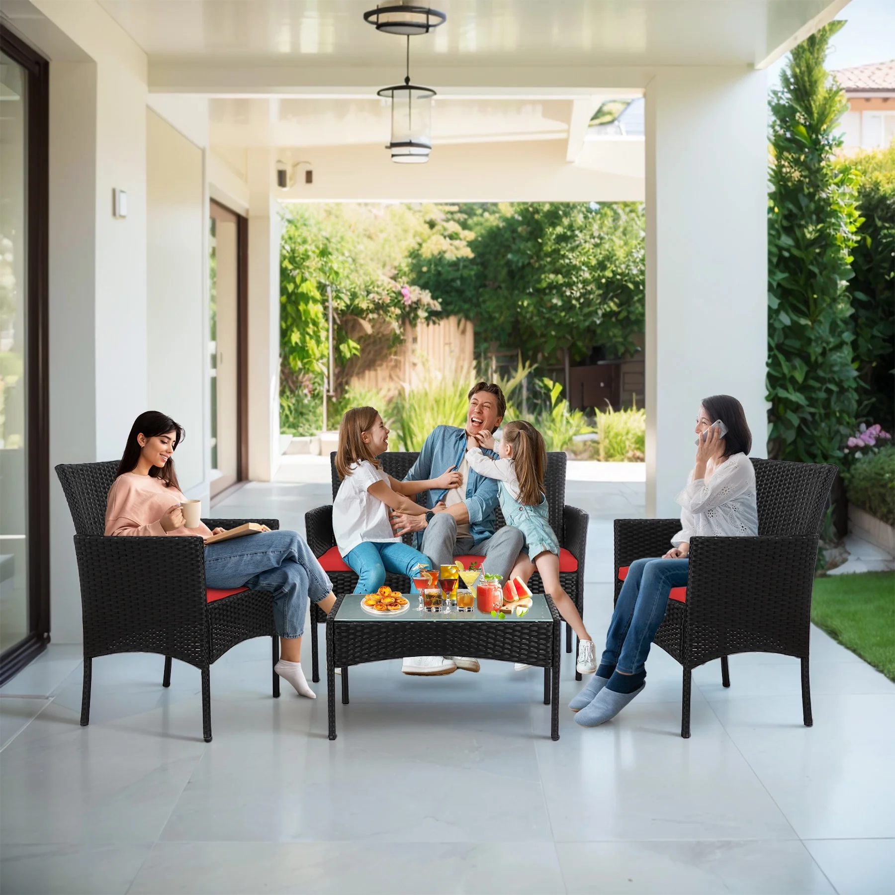4 Piece Patio Conversation Wicker Furniture Set, Porch Furniture Outdoor Sectional Furniture Set w/Coffee Table Cushions Wicker Sofa Garden Conversation Set for Yard Pool Backyard,Black/Red(Red) - Image 10