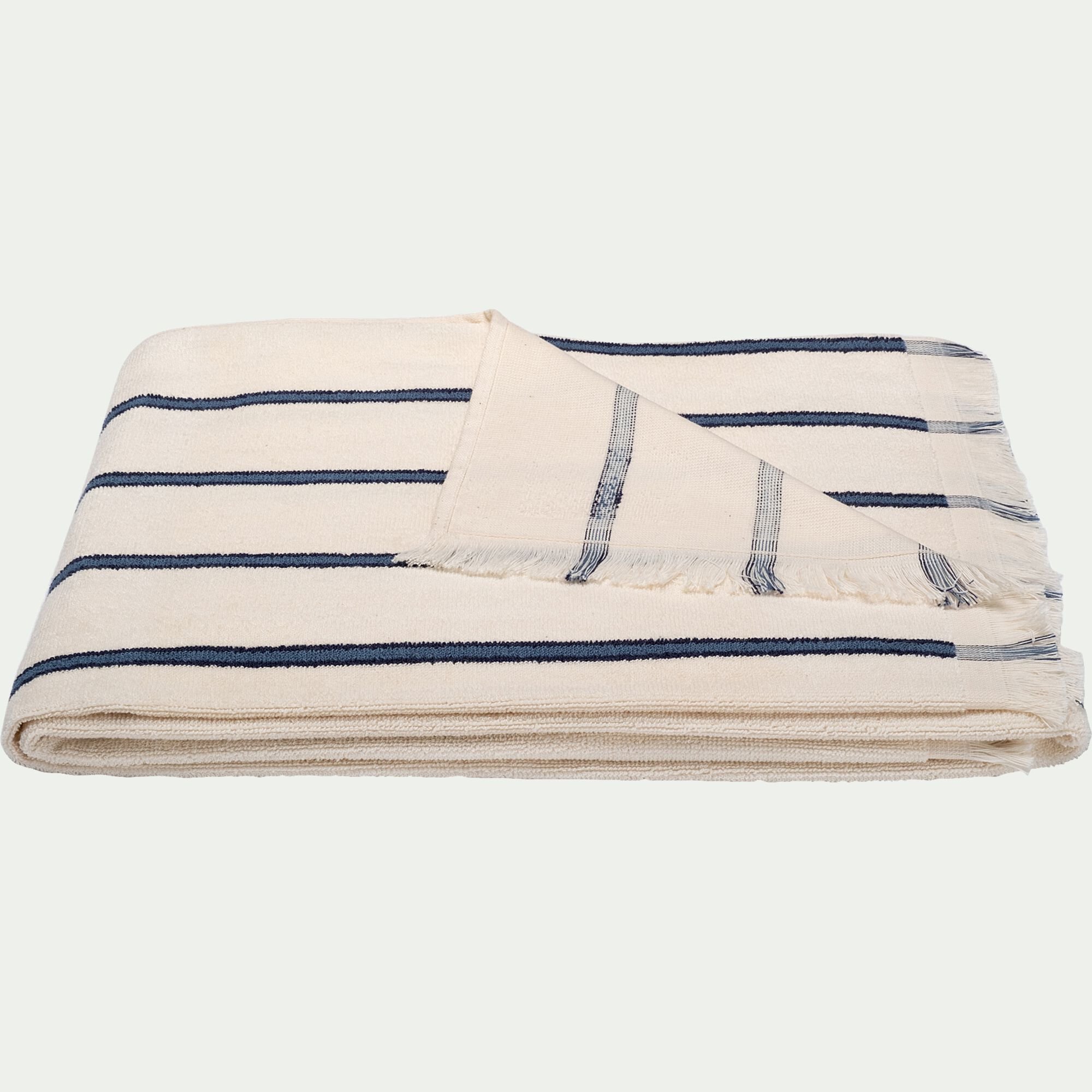 AMASIS - Drap de plage frangé en coton à rayures 100x180cm - beige