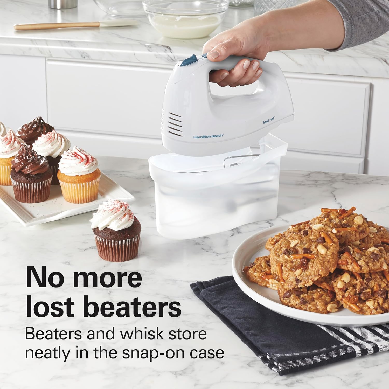Hamilton Beach 6-Speed Electric Hand Mixer With QuickBurst and Bowl Rest| Powerful 250 Watt Motor| Traditional Beaters| Snap-On Storage Case| White| 62682G