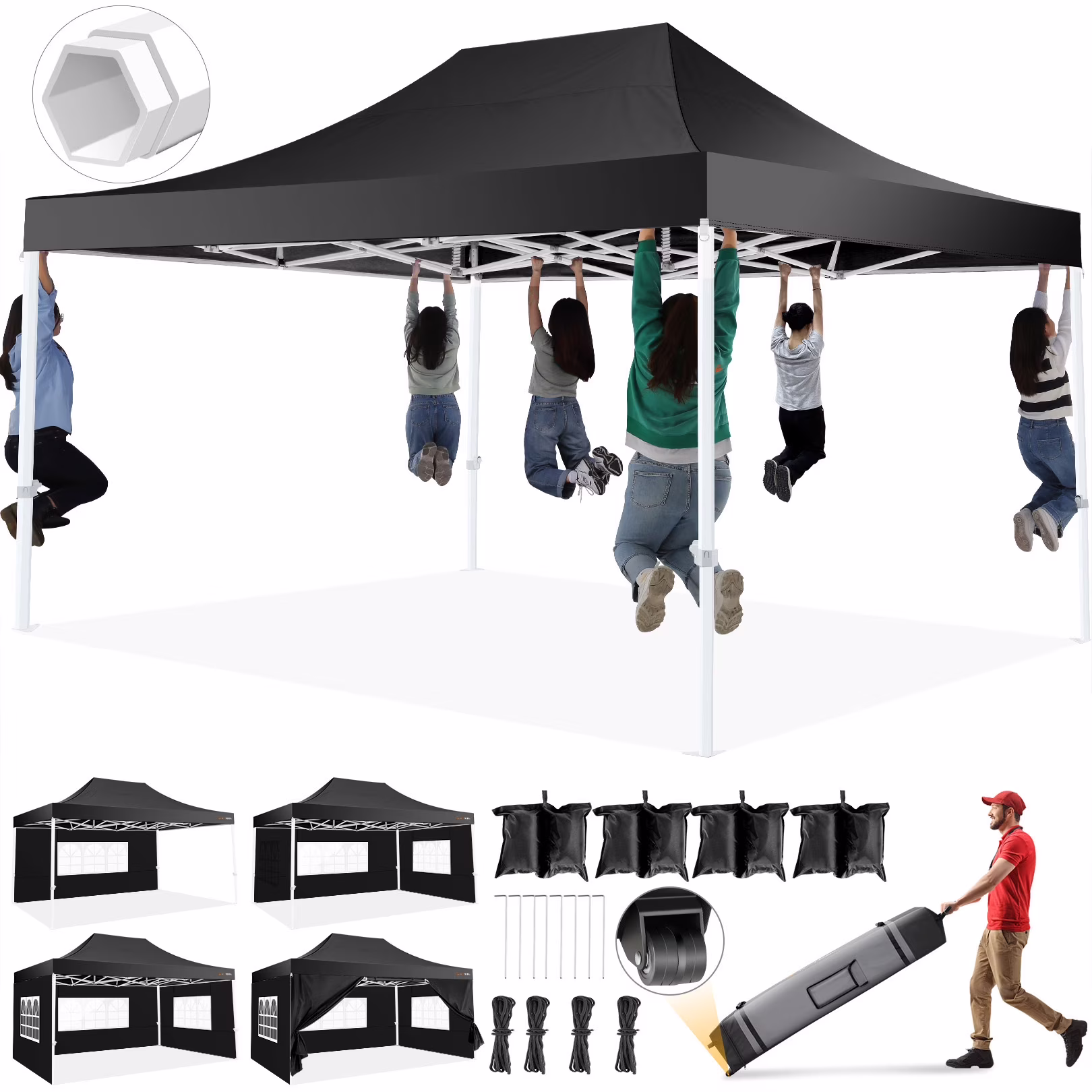 HOTEEL 10x15 Heavy Duty Canopy Tent - Commercial Pop Up with UV50+, Thick Hexagonal Frame, 4 Sidewalls, Anti-Pooling Design & Roller Bag (Black)