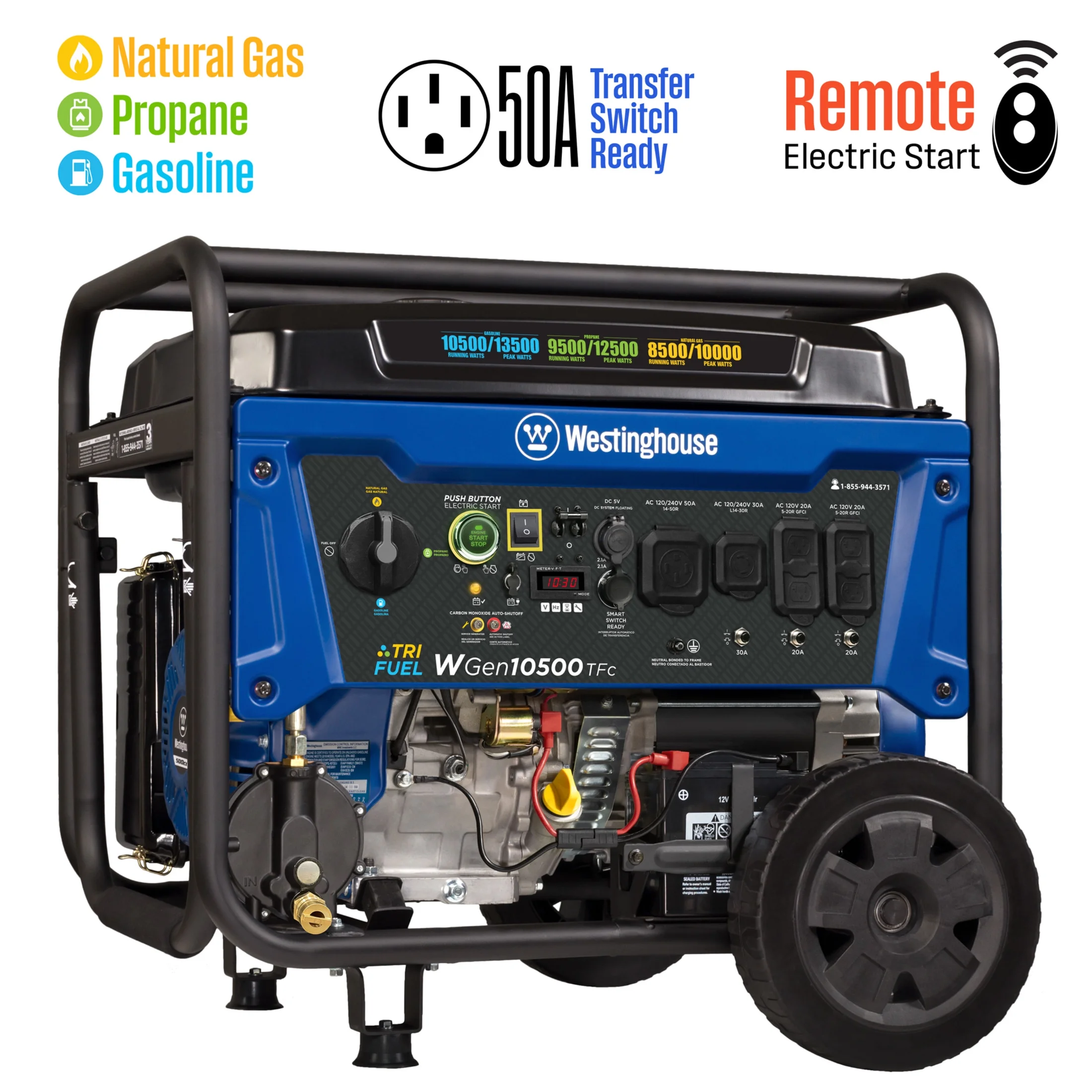 Open Box 13500 Peak Watt Tri-Fuel Home Backup Portable Generator, Remote Electric Start, Transfer Switch Ready, Gas, Propane, and Natural Gas Powered