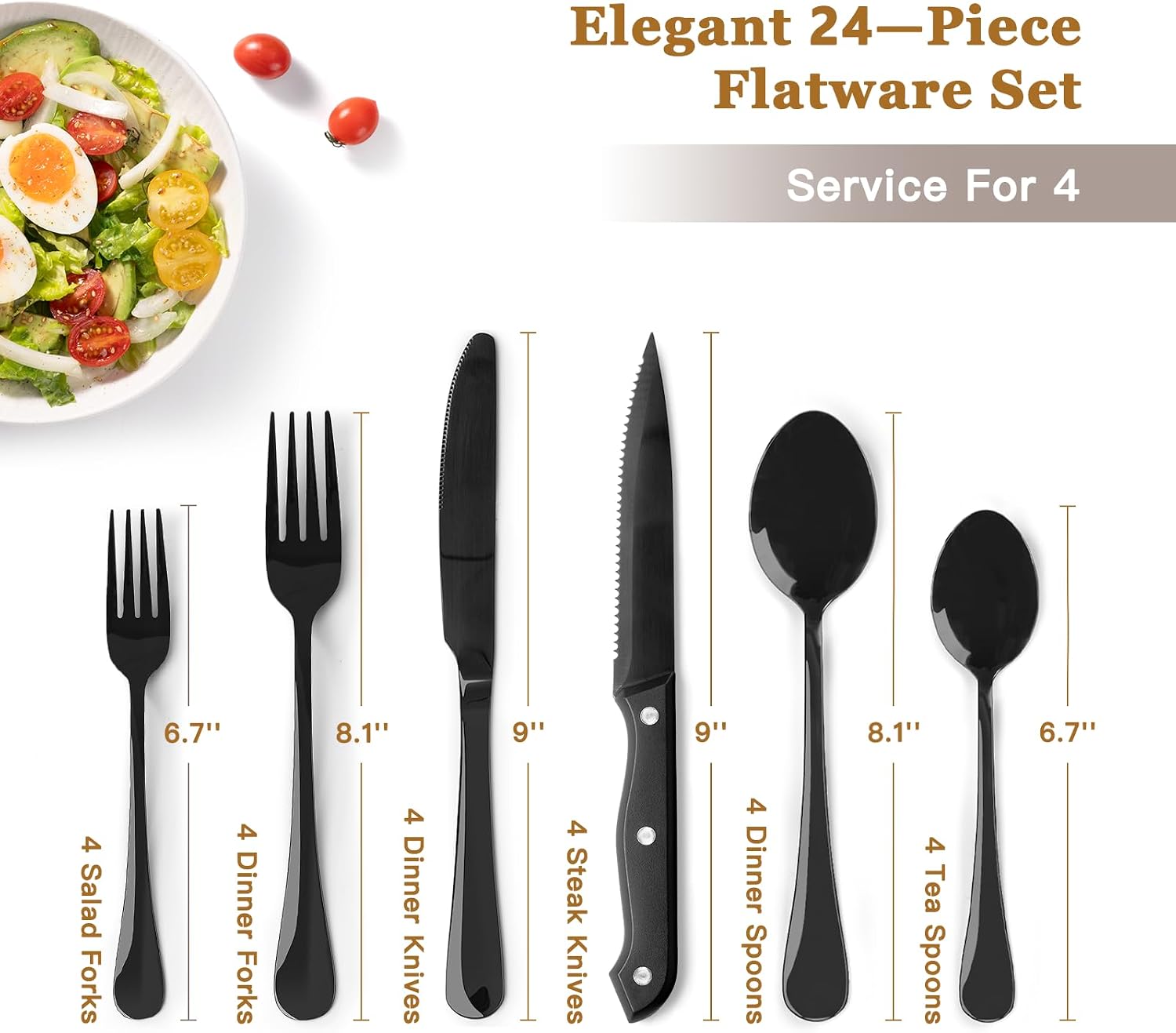 Astercook 24-Piece Black Silverware Set with Steak Knives Flatware Set for 4, Food-Grade Stainless Steel Cutlery Set, Mirror Polished Utensils Set Including Spoons and Forks for Home Kitchen Restaurant