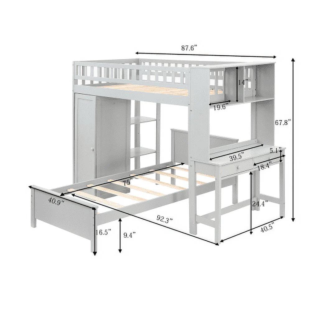 Twin Loft Bed with Closet Desk, Wood Bed Frame with Movable Bed, Bunk Bed for Kids Adult, Gray Image 2