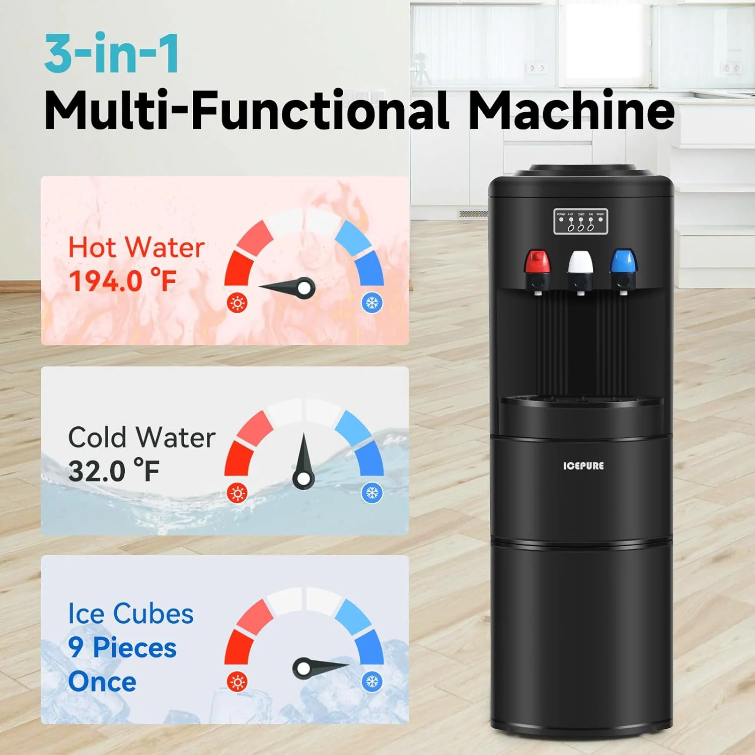 Fontaine à eau ICEPURE avec machine à glaçons intégrée, 3 en 1 (eau chaude et froide), capacité de 12 kg/24 h, chargement par le haut pour bonbonnes de 11 à 19 litres, sécurité enfant, noir.