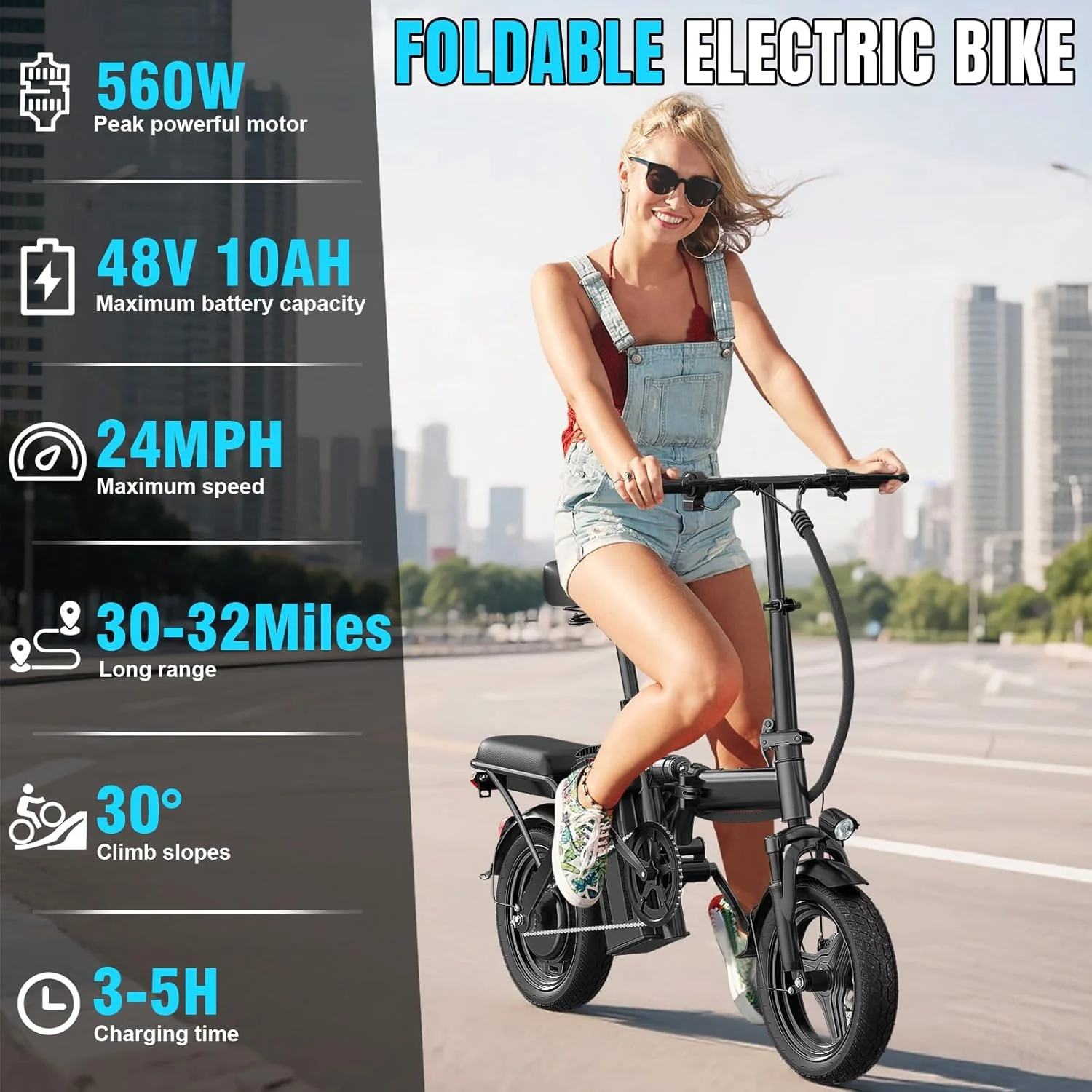 Vélo électrique pliable pour adultes et adolescents, idéal pour la ville et les trajets domicile-travail. Moteur 48 V, vitesse maximale 38,6 km/h.