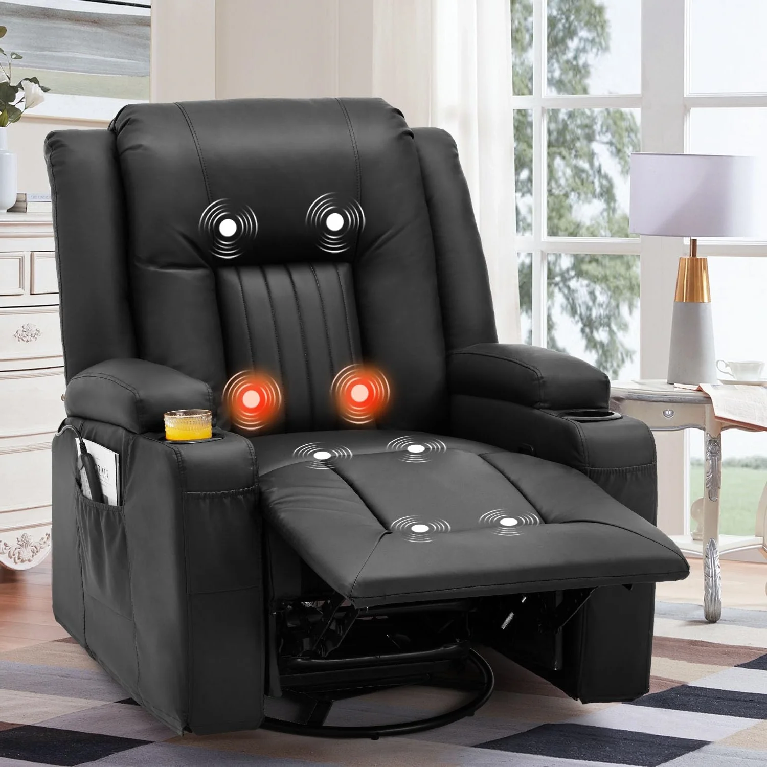 AECOJOY Massage Recliner Manual Chair with Heating & 360° Swivel Rocking Function, Black
