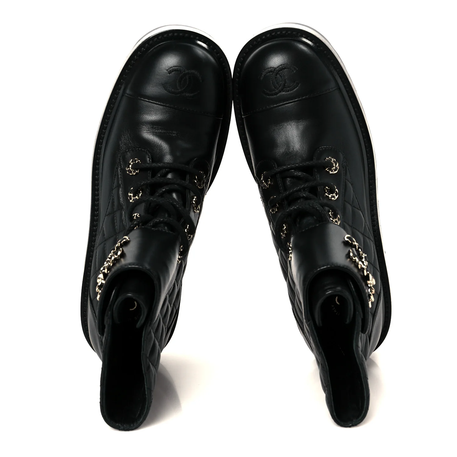 Shiny Lambskin Quilted Lace Up Combat Boots 39 Black
