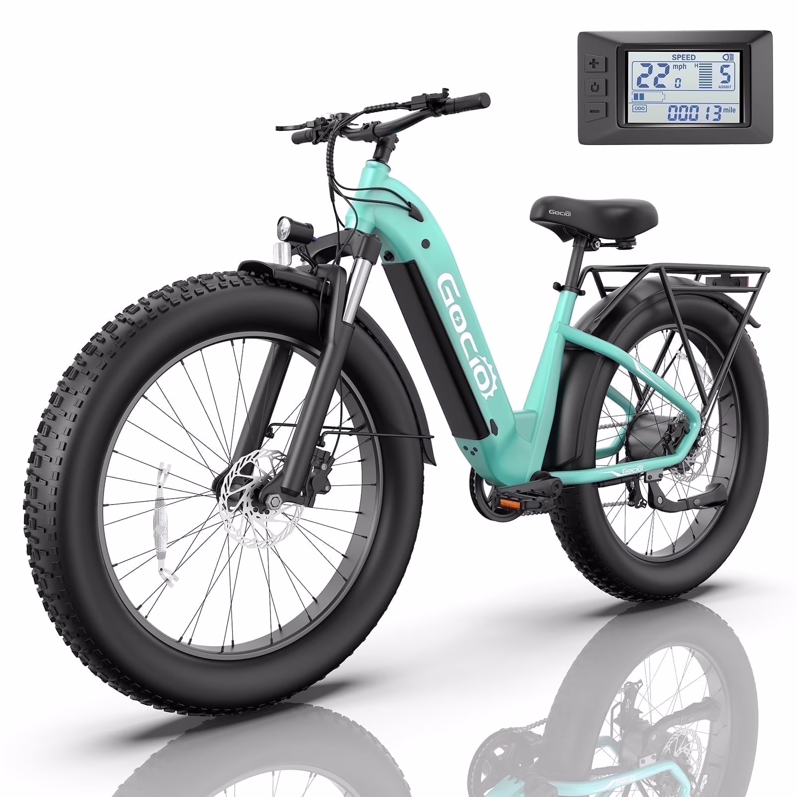 Electric Bike for Adults, 26" Fat Tire E-Mountain Bike, 1350W Peak Motor 48V 15Ah Battery, 22MPH 7-Speed Ebike for off Road, UL 2849(Cyan)