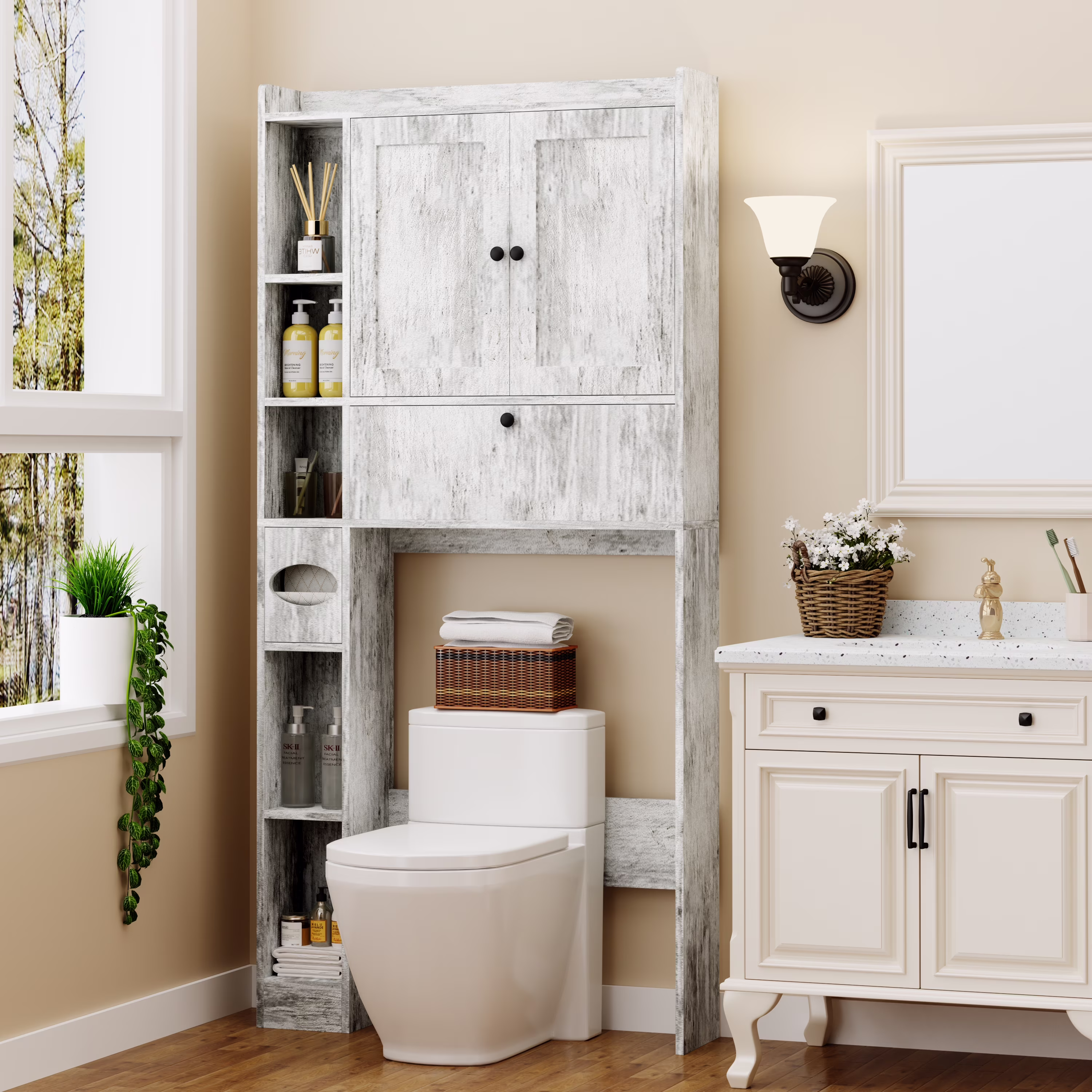 Over The Toilet Storage Cabinet,Bathroom Storage Cabinet with Wooden Doors,Bathroom Organizer Over-The-Toilet Cabinet(White)(White) - Image 5