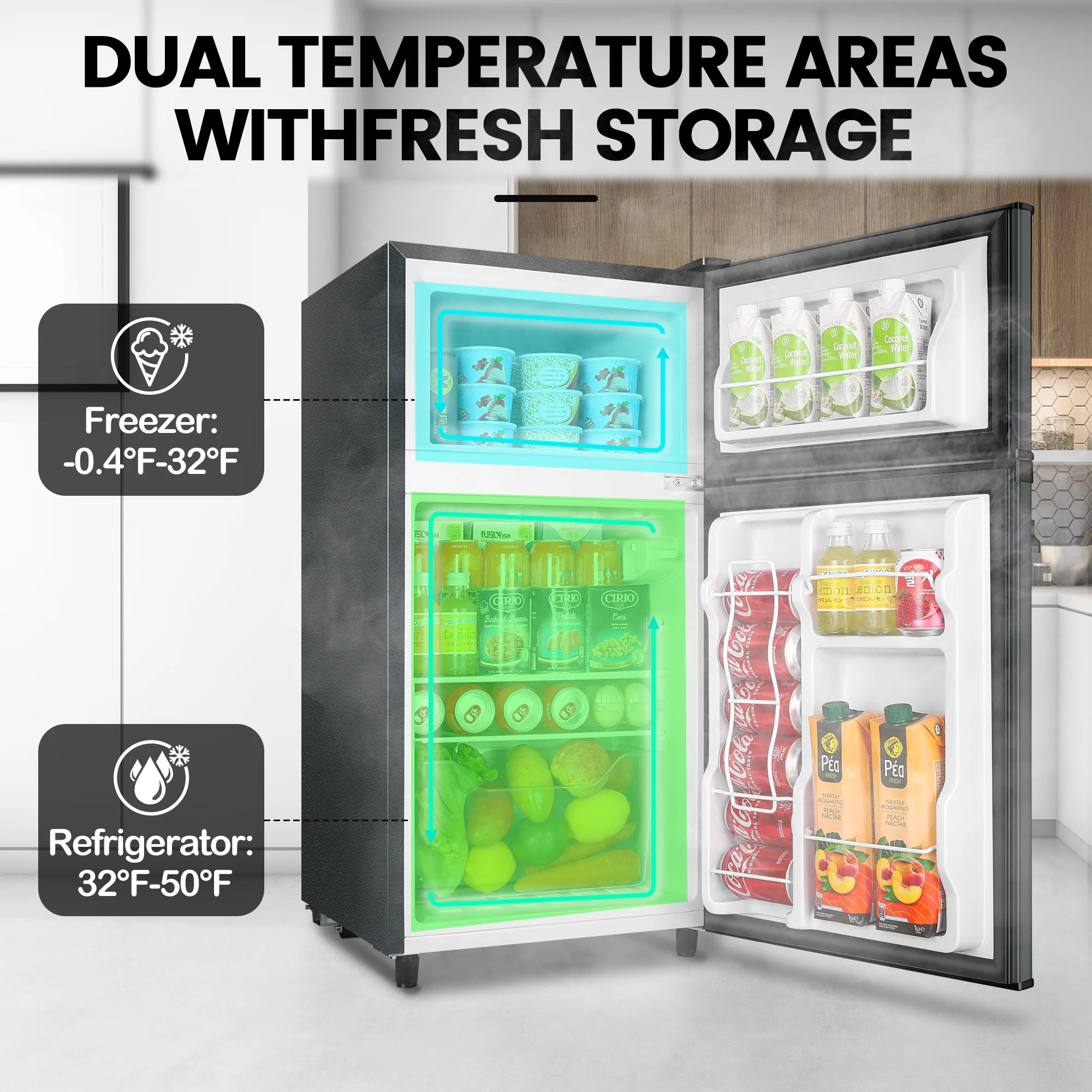 WANAI Two Door Mini Fridge with Freezer, 3.5 cu ft Small Freezer, Dark Grey