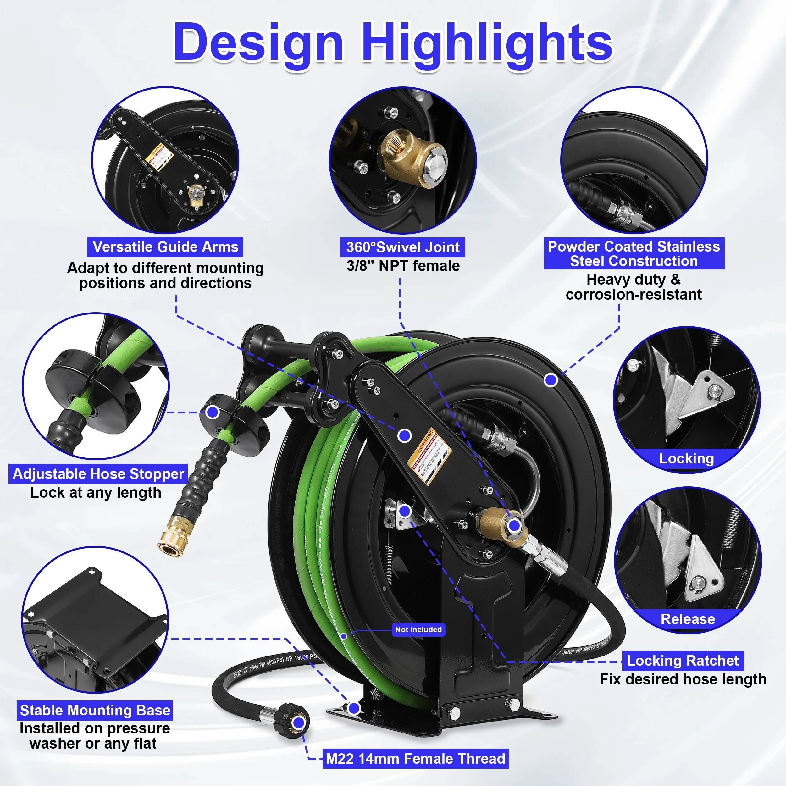 Auto - Retractable Pressure Washer Hose Reel, 50FT x 3/8