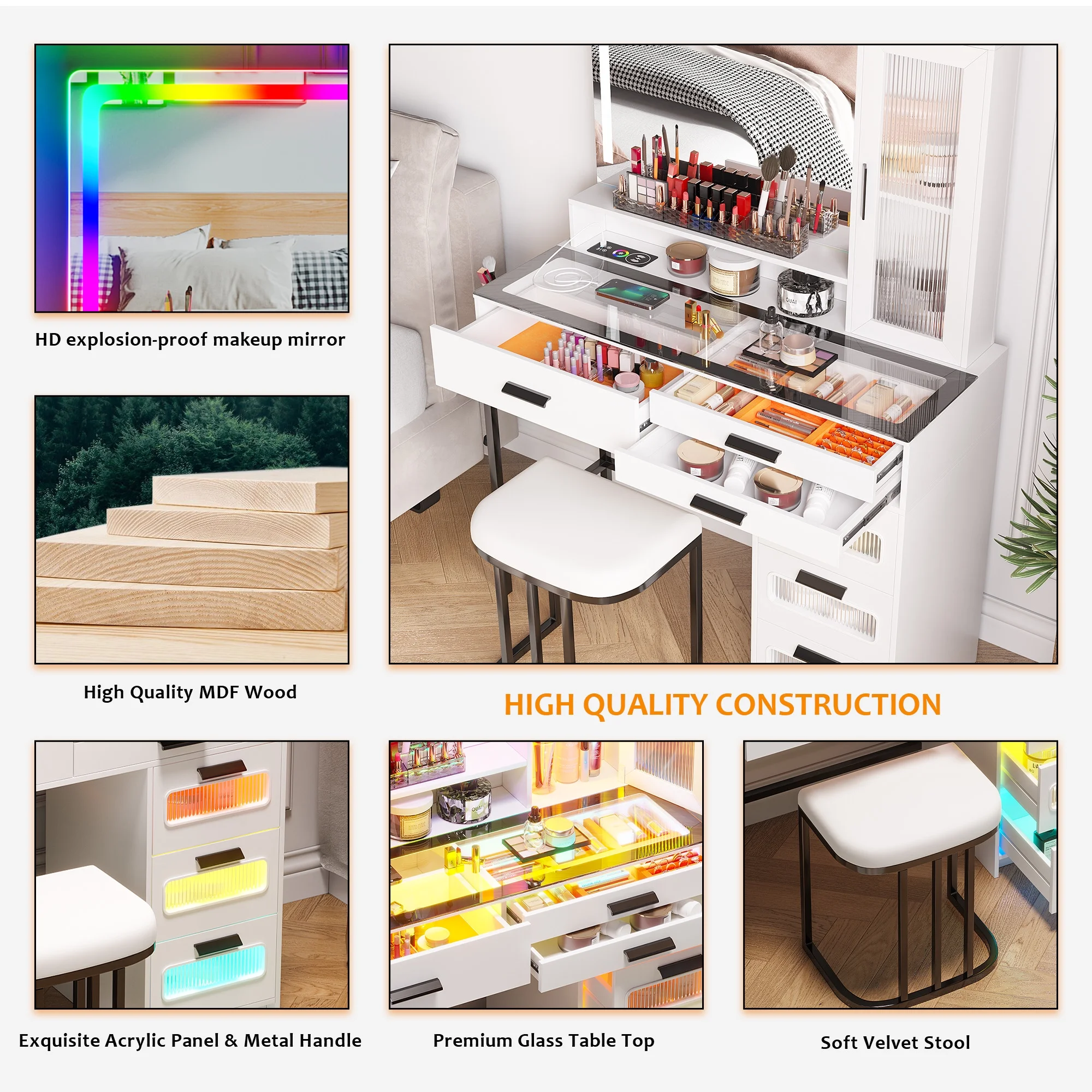 Vanity Desk with Mirror and RGB Lights, Glass Top Makeup Vanity with Auto Sensor Lights and Wireless Charging, Vanity Table Set with Cushion Stool, Dressing Table with 6 Drawers (White)(White) - Image 8