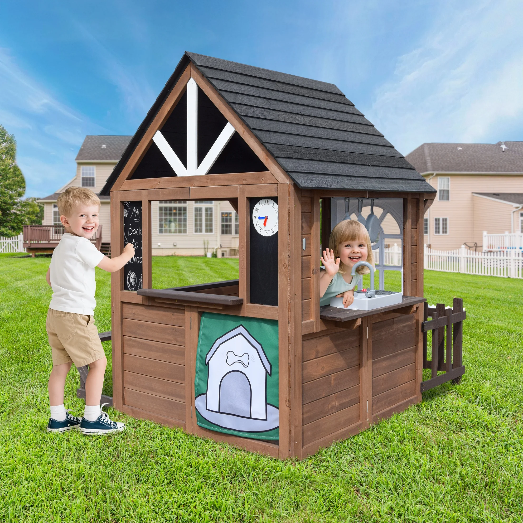 Outdoor Playhouse, Wooden Playhouse for Kids Toddlers, Large Kids Playhouse with Bench/Fence/Kitchen/Door Nameplate/Pretend Phone, Girls Boys Outdoor Toy Gift for Ages 3+, (62.99"W* 67.32"L) - Image 6