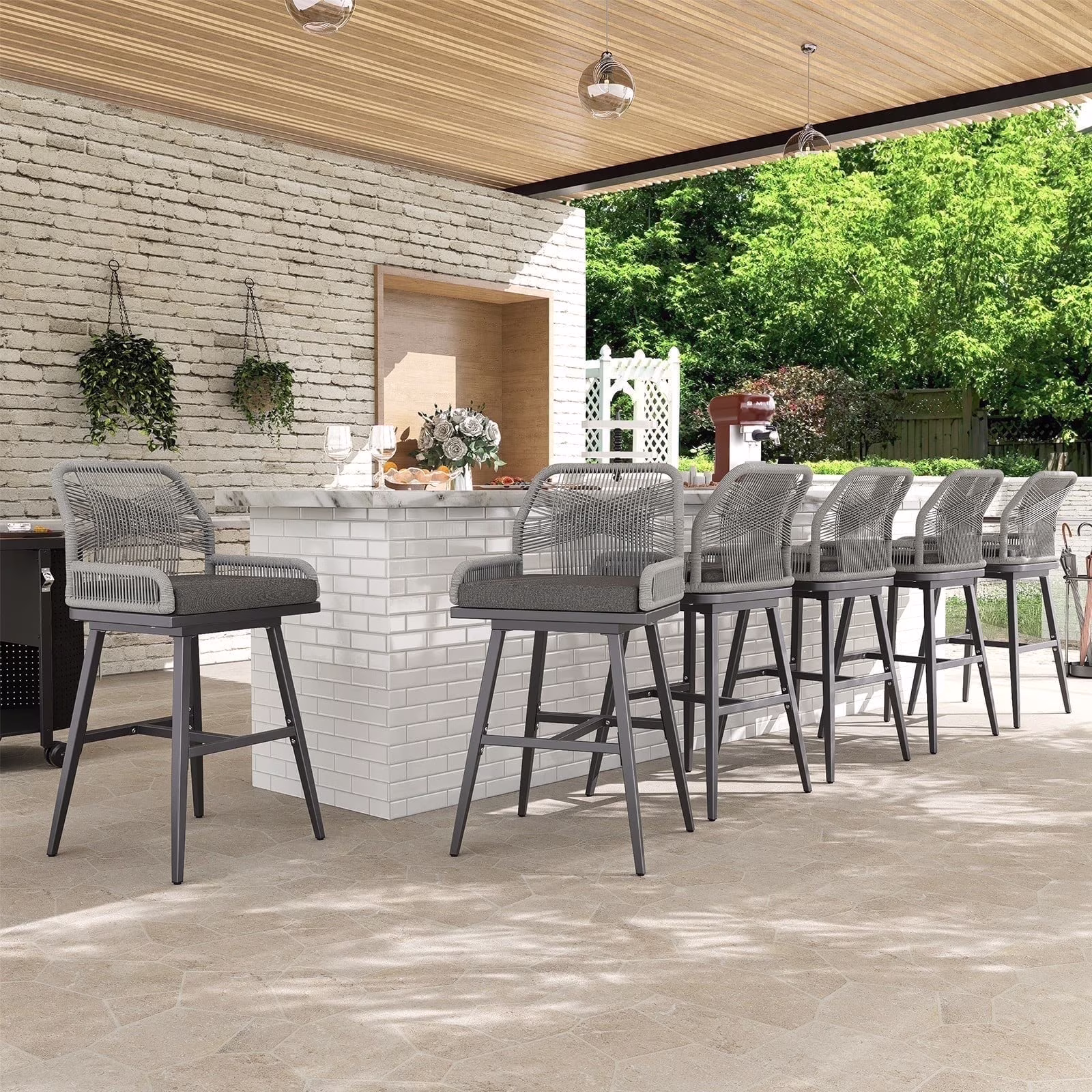 MEISSALIVVE Set of 2 Rattan Swivel Bar Stools, 26 Counter Height with Woven Rope Back, Cushioned Patio Bar Chairs for Kitchen, Garden, Beige