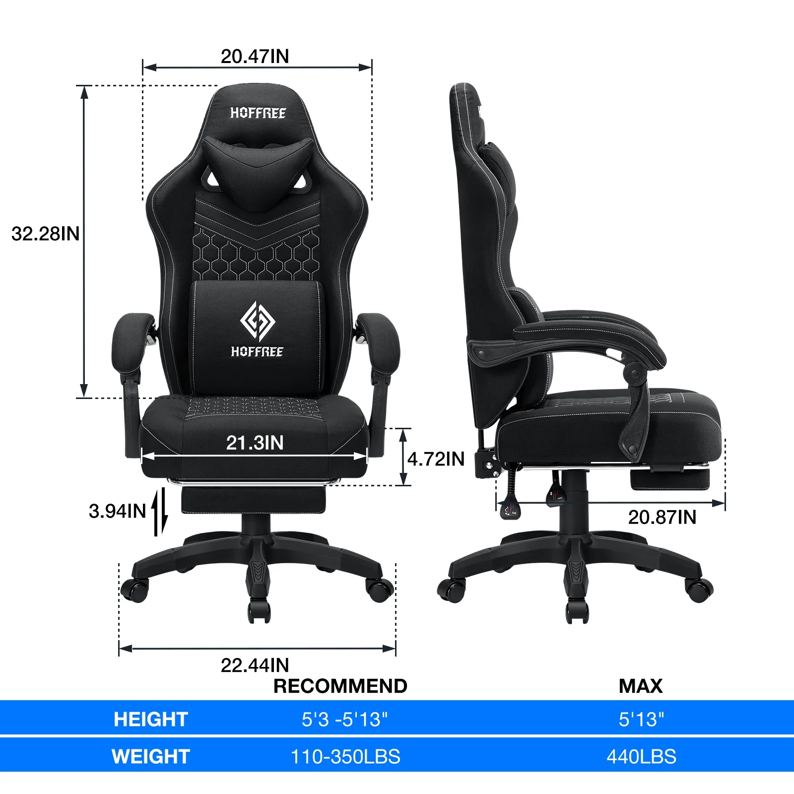 Gaming Chair with Massage Fabric Office Chair with footrest for Adults, Ergonomic Gamer Chair with Headrest and Lumbar Support for Office Gaming, 440 LBS(Black) - Image 8