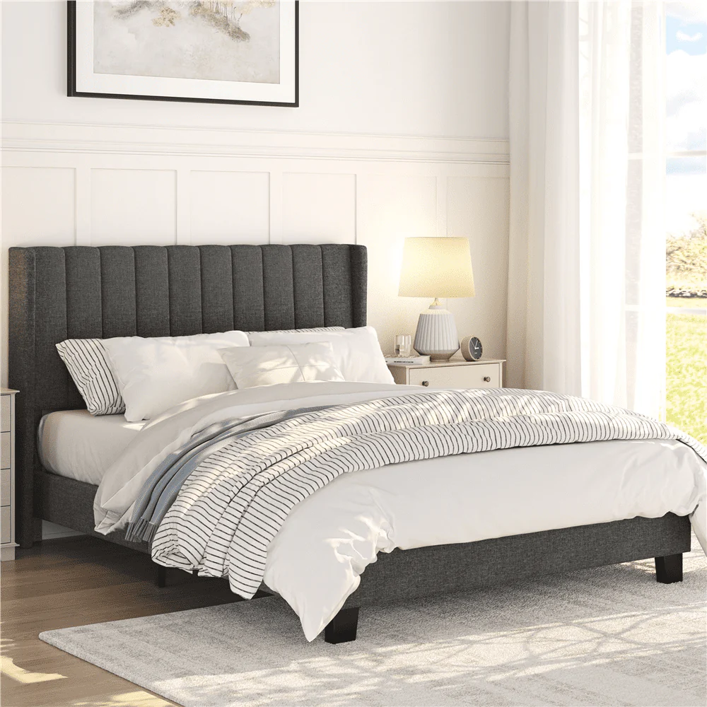 Yaheetech Upholstered Wingback Bed with Support and Mattress Foundation, Queen, Dark Gray(Full/with headboard)