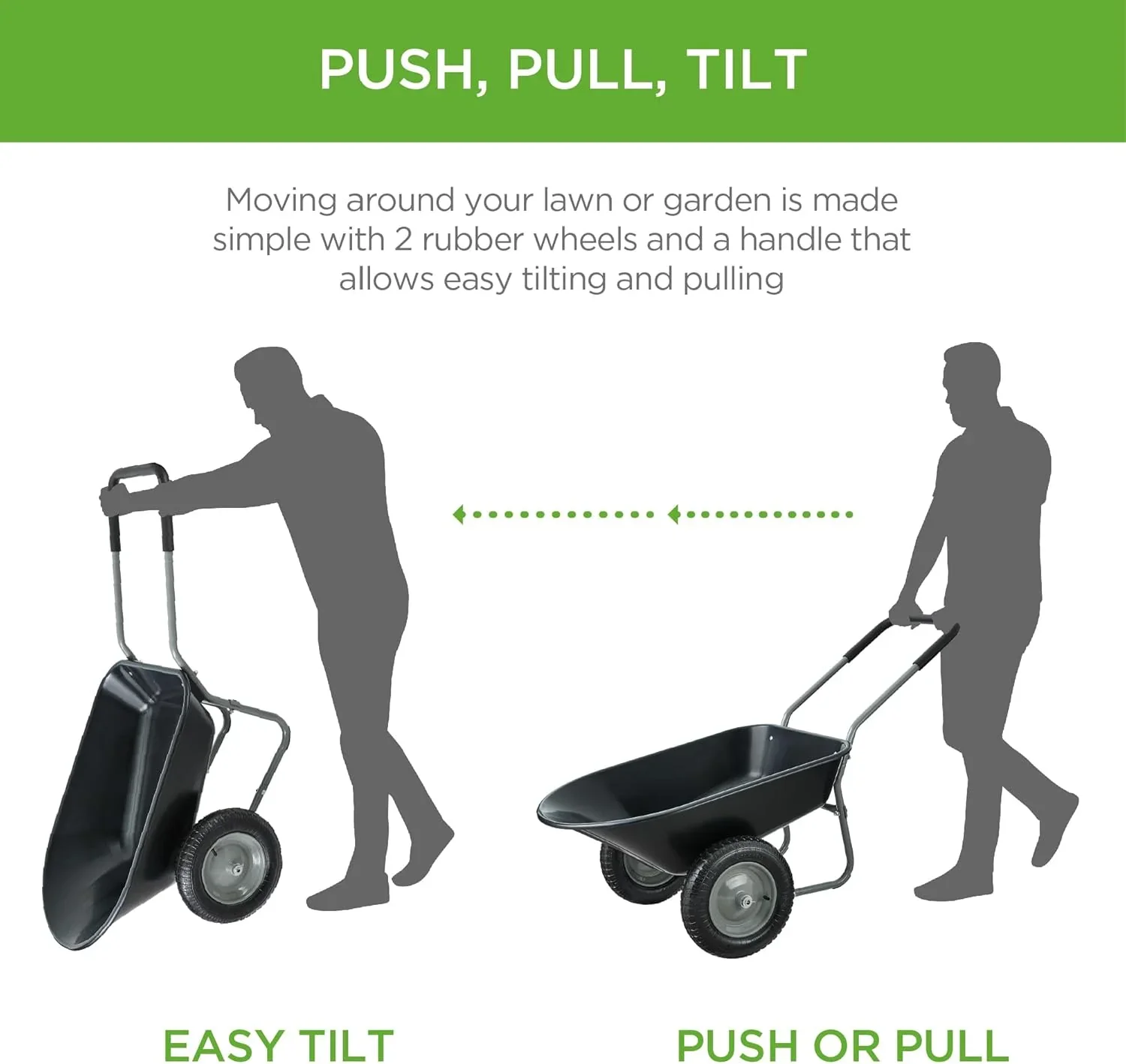 SAZYY Heavy-Duty Dual-Wheel Home Utility Yard Wheelbarrow & Garden Cart with Built-in Stand �C Versatile Solution for Lawn Care, Gardening & Construction Tasks, Gray