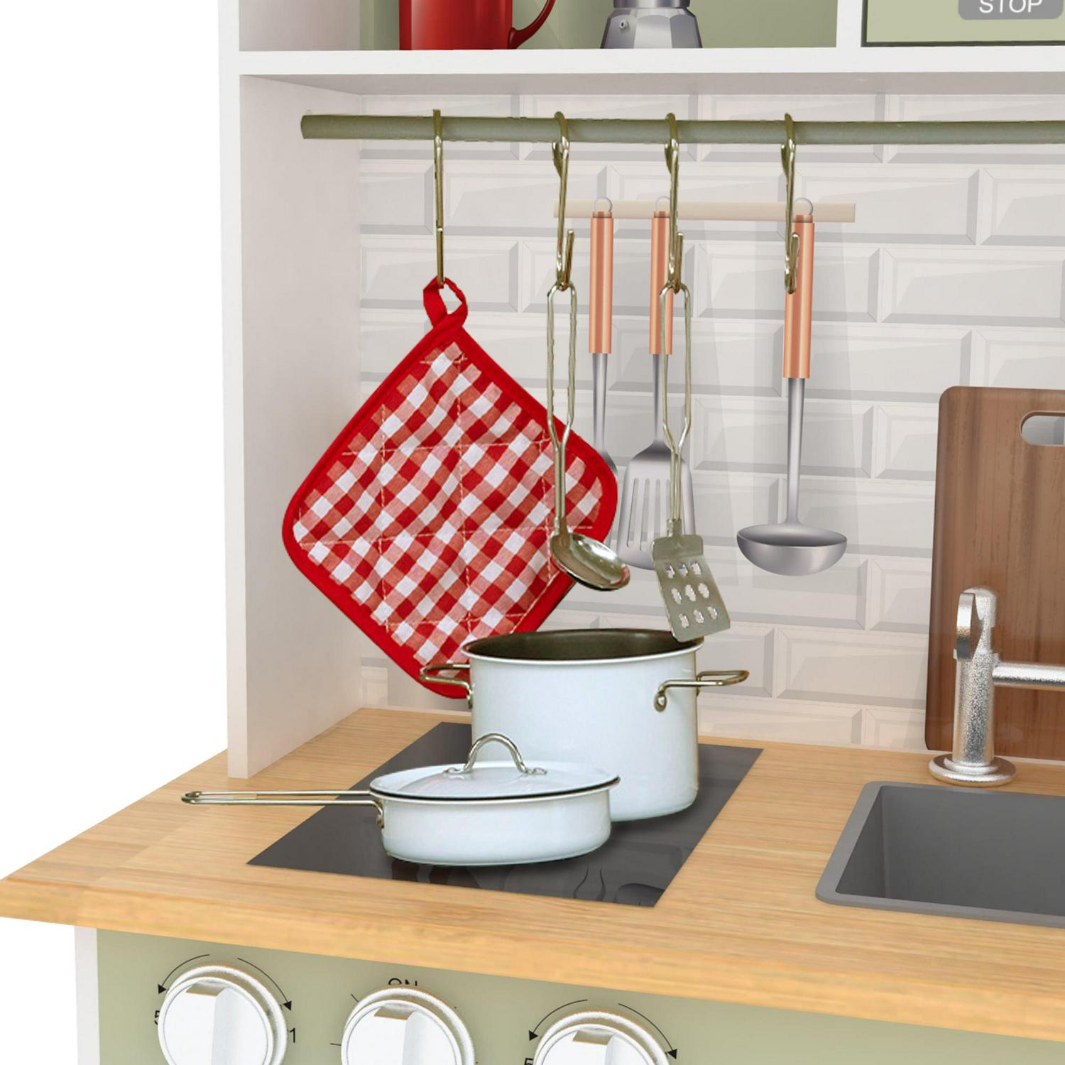 Teamson Kids Little Chef Boston Modern Kitchen Playset. 9 Pcs Acc Set. Oven. Microwave. Burner. Sink. White/Green