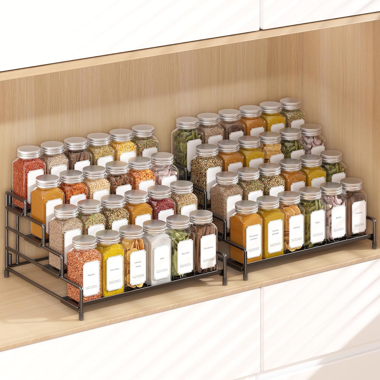 RUILALIFE 4-Tier Spice Rack Organizer for Cabinet, Adjustable Depth Spice Holder Shelf for Countertop Pantry Cupboard, Metal Tiered Seasoning Organizer, Display Shelf Riser (Black-2 Pack)
