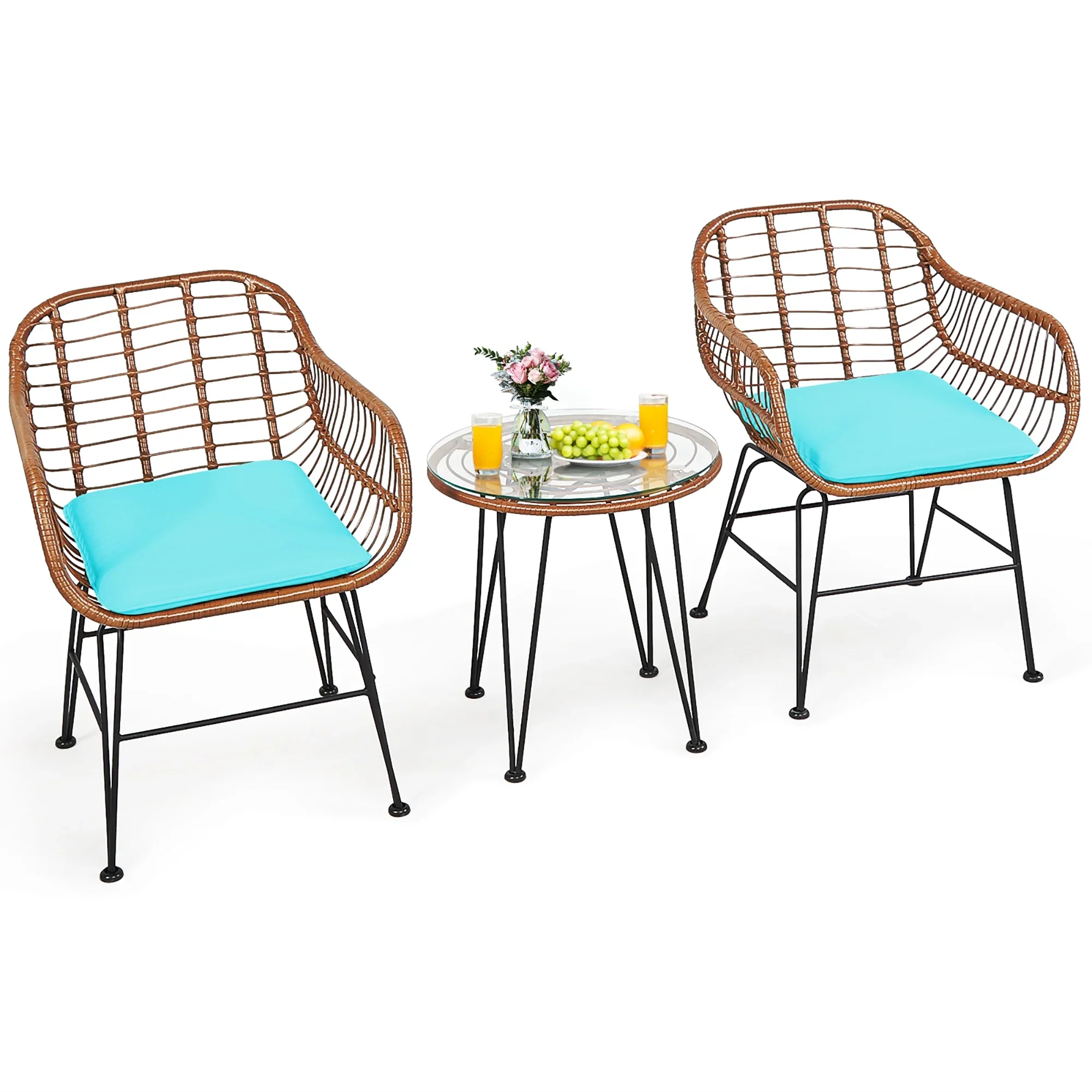 Costway 3PCS Patio Rattan Bistro Set Coffee Table Armchair Garden Red Cushion