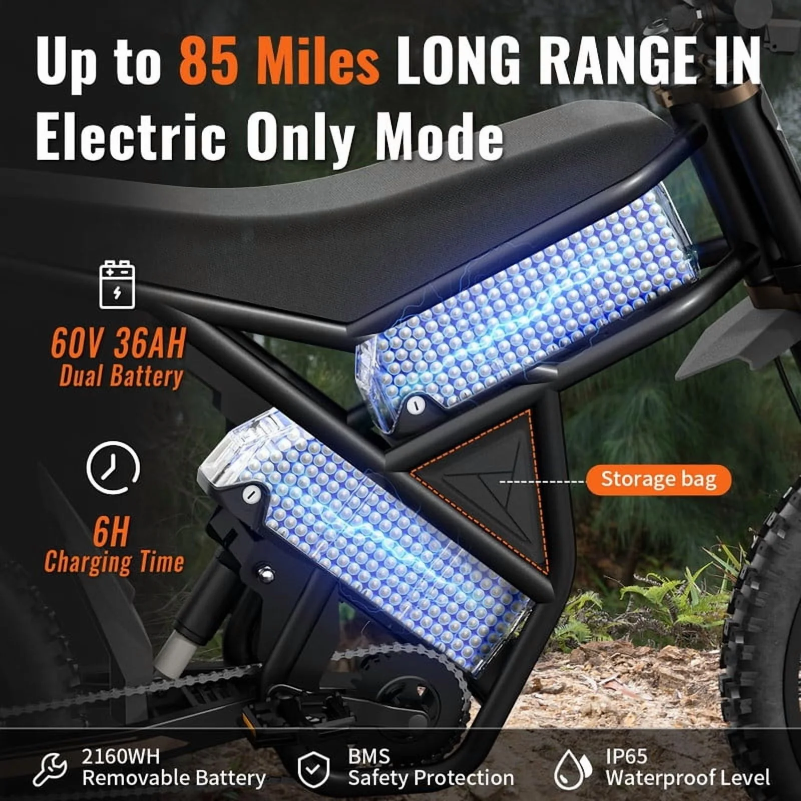 GT73 PRO 338 NM Electric Dirt Bike for Adults,3000W(Peak)Dual Motor 50Mph Max Speed,60V 50MPH 36.4AH Dual Battery Ebike,85 Miles Range, 25" Motorcycle Tires, All-Terrain for Mountain, Snow, UL2849(50Mph) - Image 8
