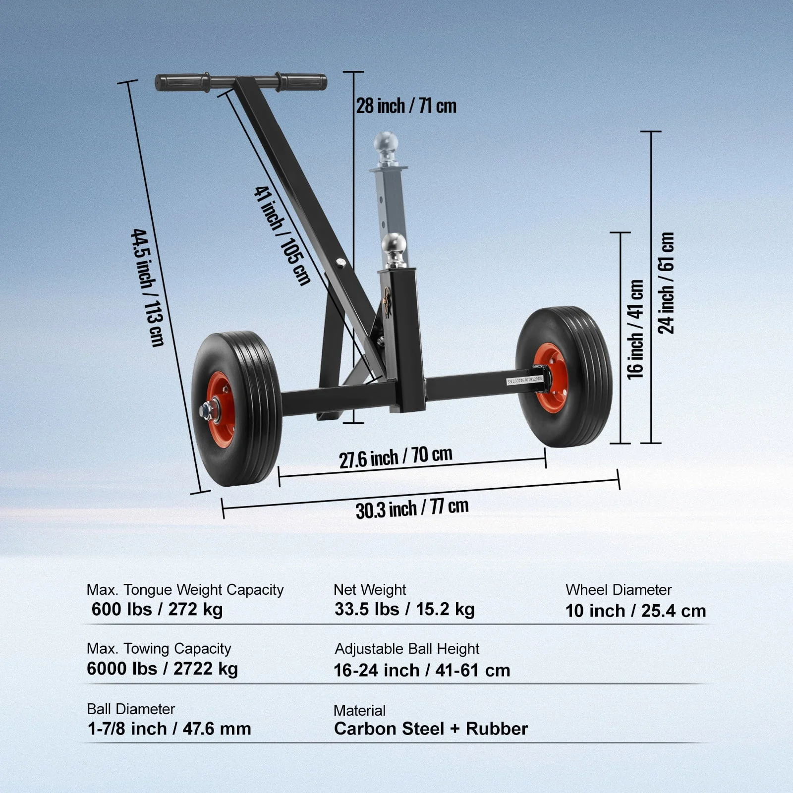 BENTISM Adjustable Trailer Dolly, 600 lb Tongue Weight Capacity, Carbon Steel Trailer Mover with 16'' - 24'' Adjustable Height, 1 - 7/8'' Hitch Ball & 10'' Solid Tires