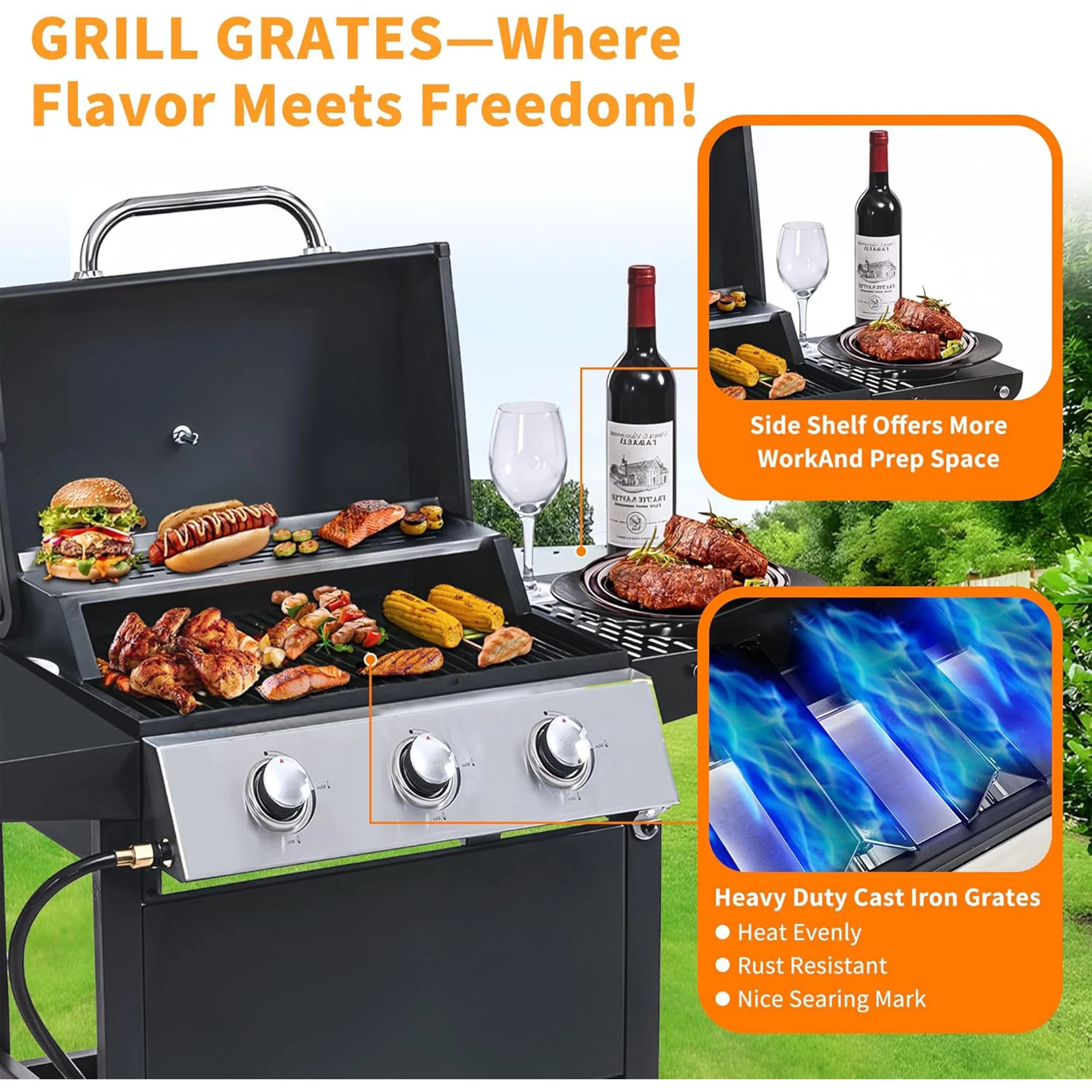 Furnibear 4 Burner BBQ Propane Gas Grill, Stainless Steel 34,000 BTU Patio Garden Barbecue Grill with Two Foldable Shelves