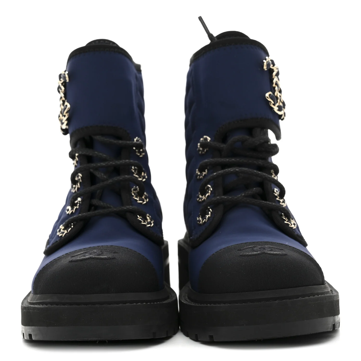 Fabric Grosgrain Quilted Cap Toe Lace Up Combat Boots 36.5 Navy Black