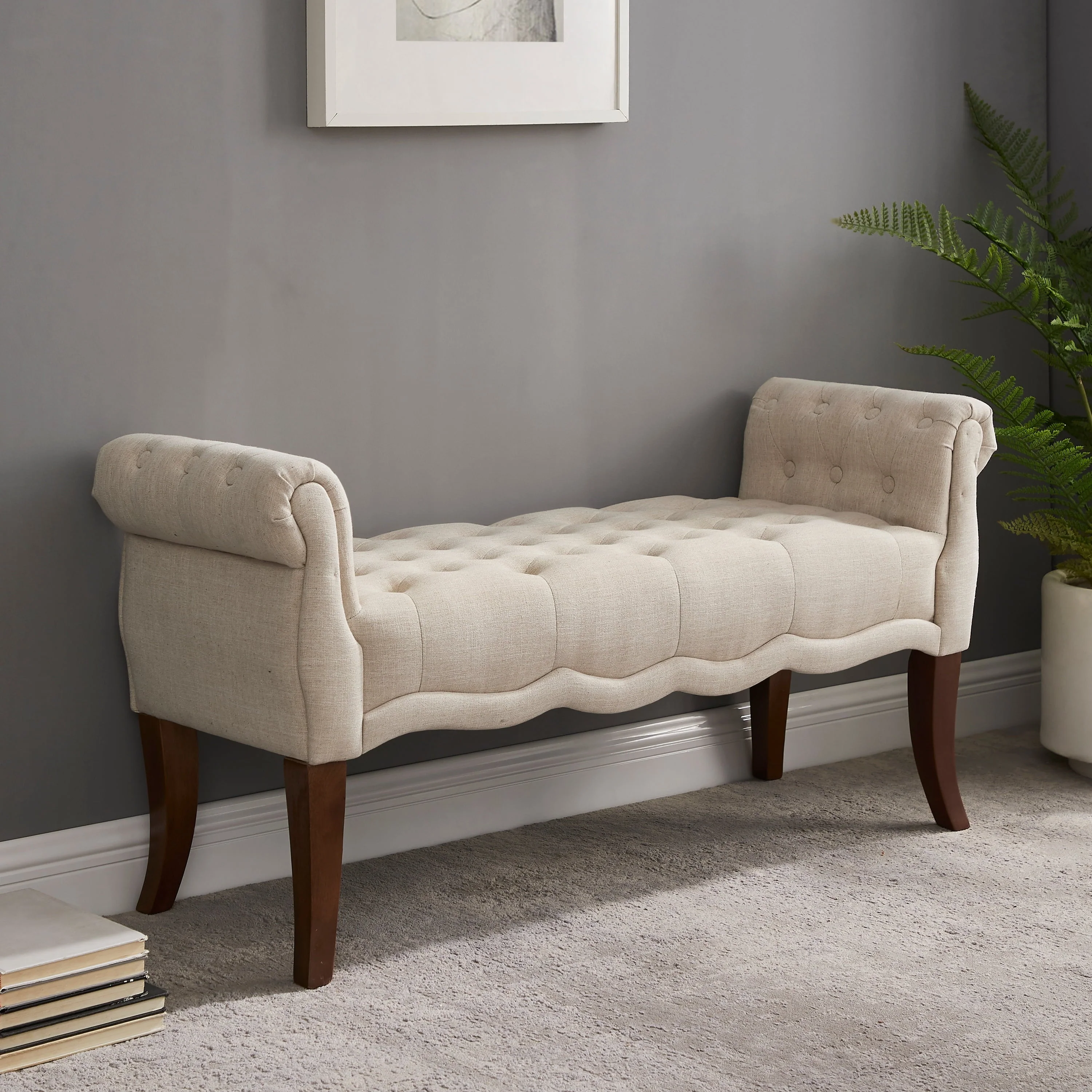 Menlo Rolled Arm Button Tufted Bench, Dark Walnut Finish with Natural Fabric(Dark Espress)