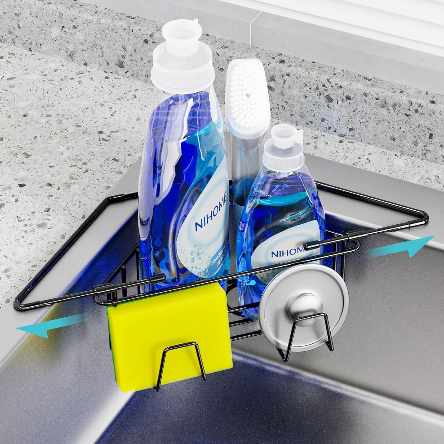 NiHome Sponge Holder for Kitchen Sink, Adjustable Corner Caddy, Black