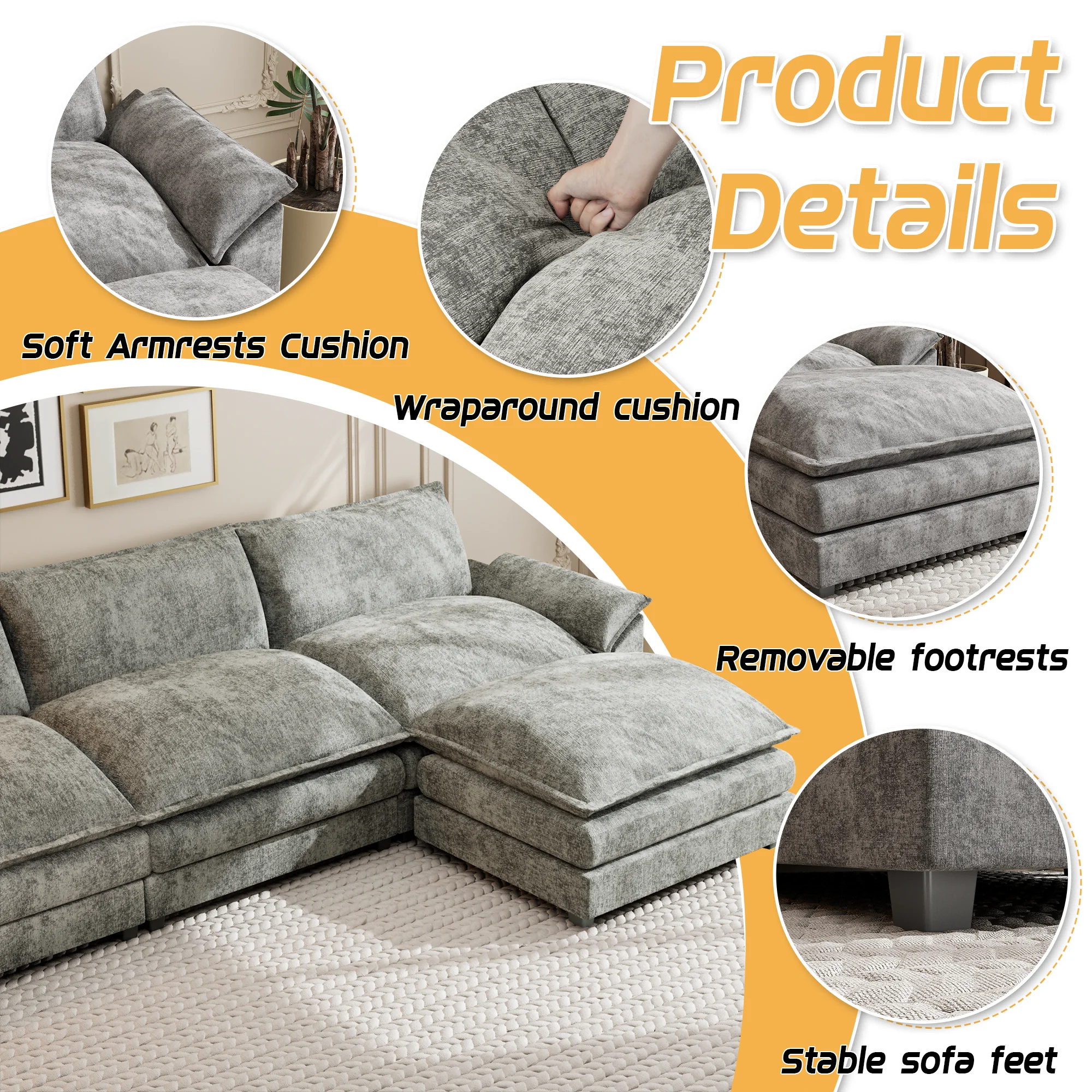 Sectional Sofa 3-seat L-shaped Sofa with reversible toffee chair Movable Footrest Sofa,Gray(Gray) - Image 4