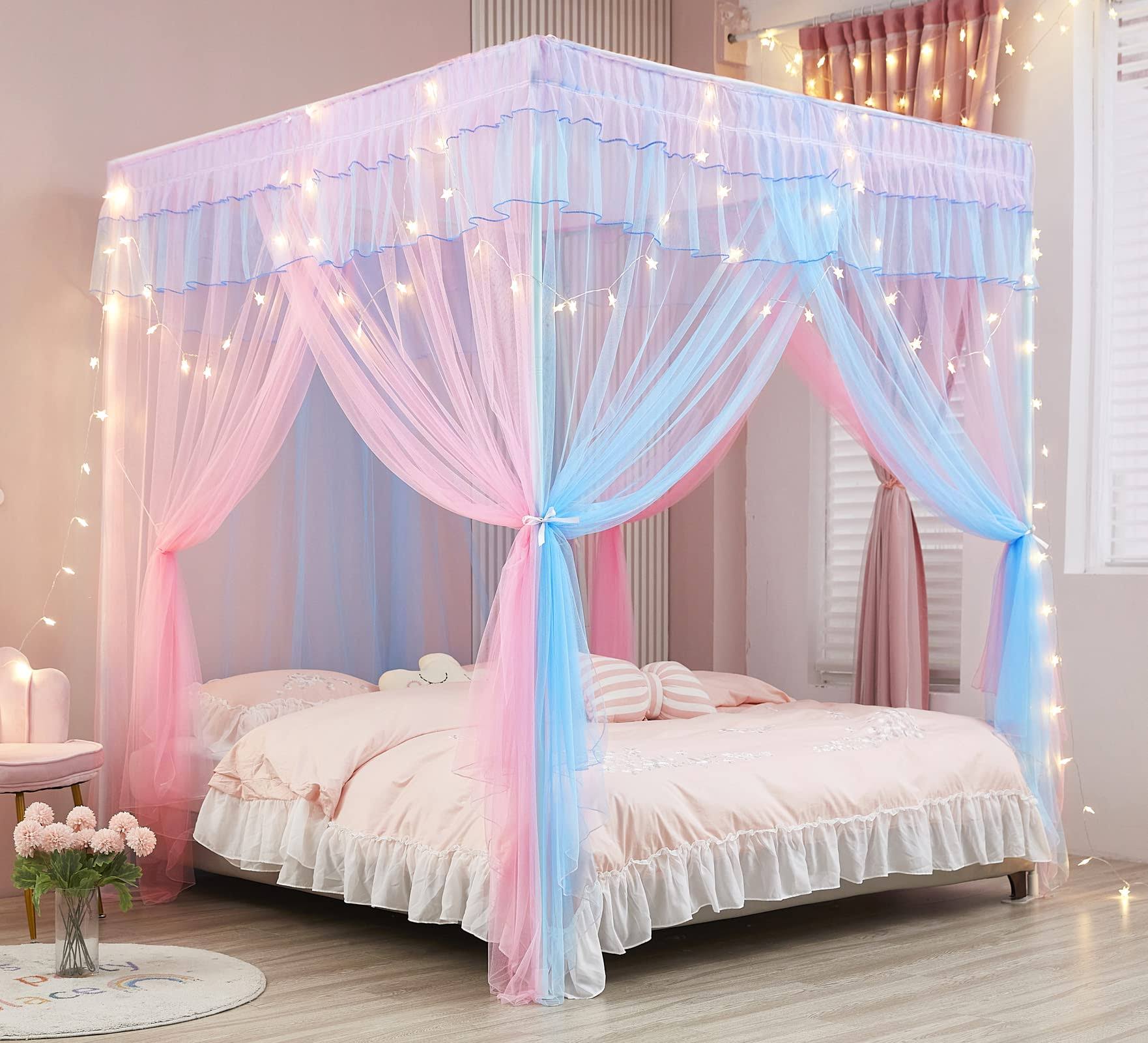 Mengersi Rainbow Canopy Bed Curtains with Lights - Princess Bed Canopy for Girls - Bed Drapes Netting- Bedroom Decoration Accessories King