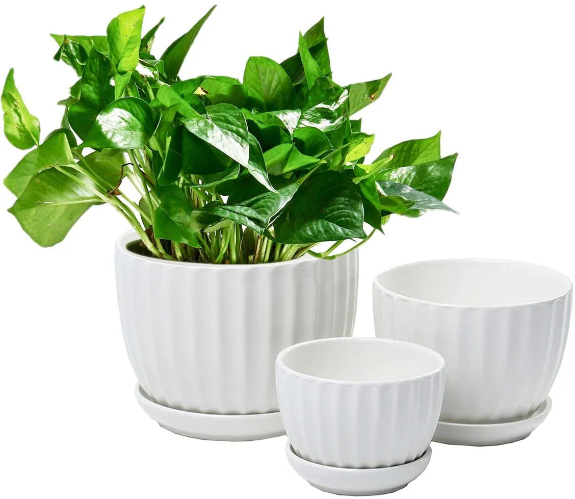 Ceramic Flower pots, White Garden Pots Succulent Cactus Planters with Drainage Saucers, Indoor & Outdoor, Set of 3, Gift for Woman Wife Mother