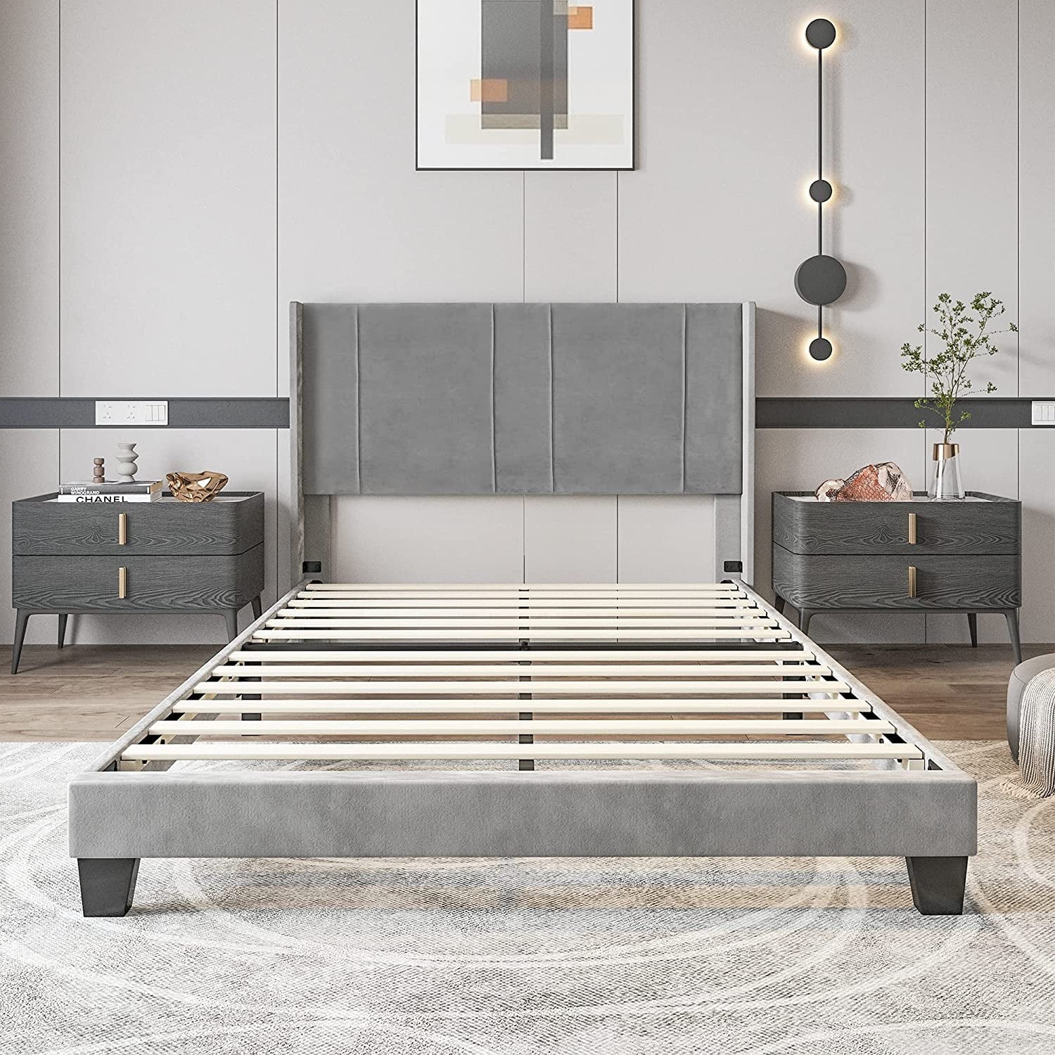 Upholstered Wingback Platform Bed with Gray Velvet Headboard, Bed Frame with Wood Slat / No Box Spring Needed / Mattress Foundation, Full - Image 5