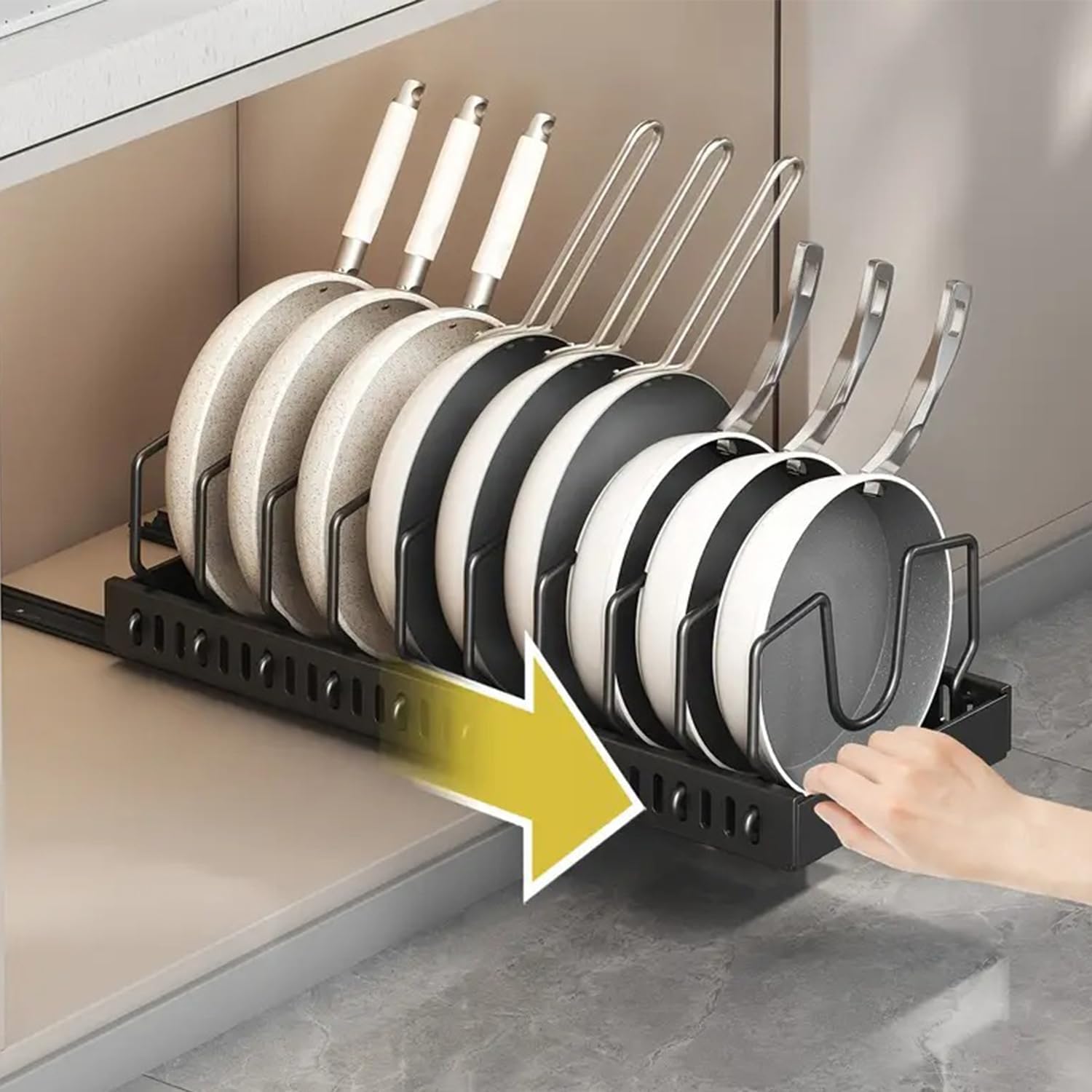 AmoiChic 2 Pack Pull Out Cabinet Organizer for Pots and Pans, Black Storage Rack with 8 Adjustable Dividers, Kitchen Cabinet Organizer for Pot Lids, Bakeware, Dish Storage