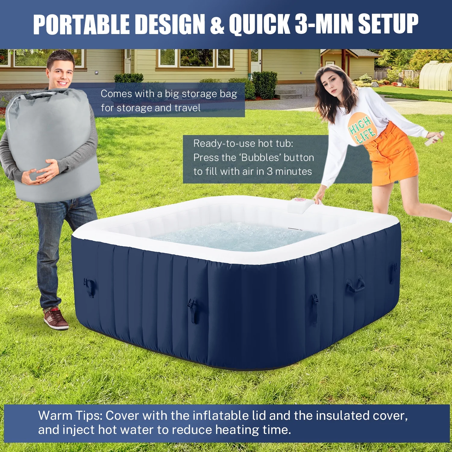 Hot Tub for 4-6 Person, Outdoor Patio Large Inflatable Hot Tub Home SPA, with 130pcs Massage Jets, 910L, 4 Filters, 2 Cup Holders, Lockable Cover, Storage Bag, Max 104�H, 73in, Navy(Navy) - Image 8