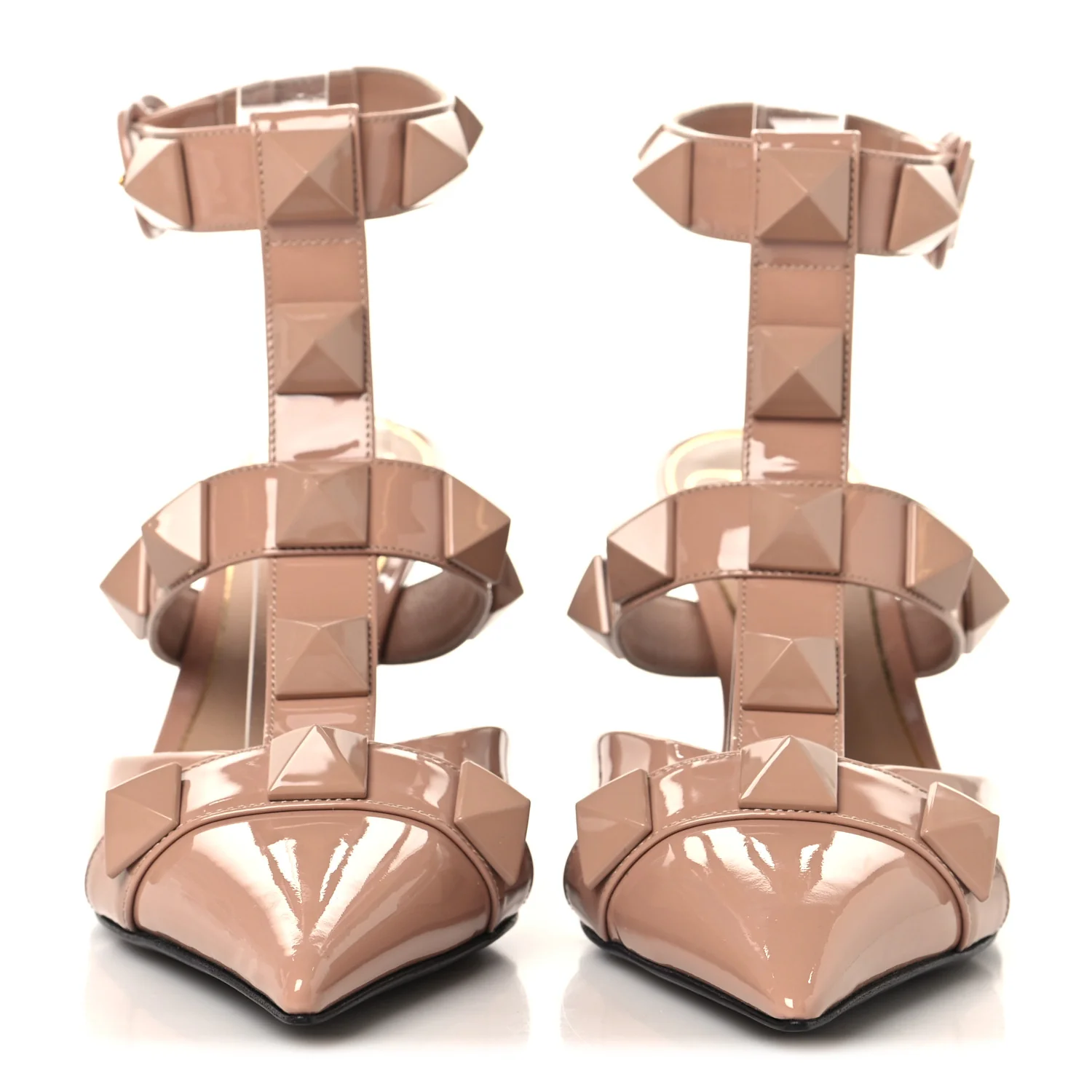 Patent Enamel Monochrome Roman Stud Ankle Strap 80mm Pumps 37 Rose Cannelle