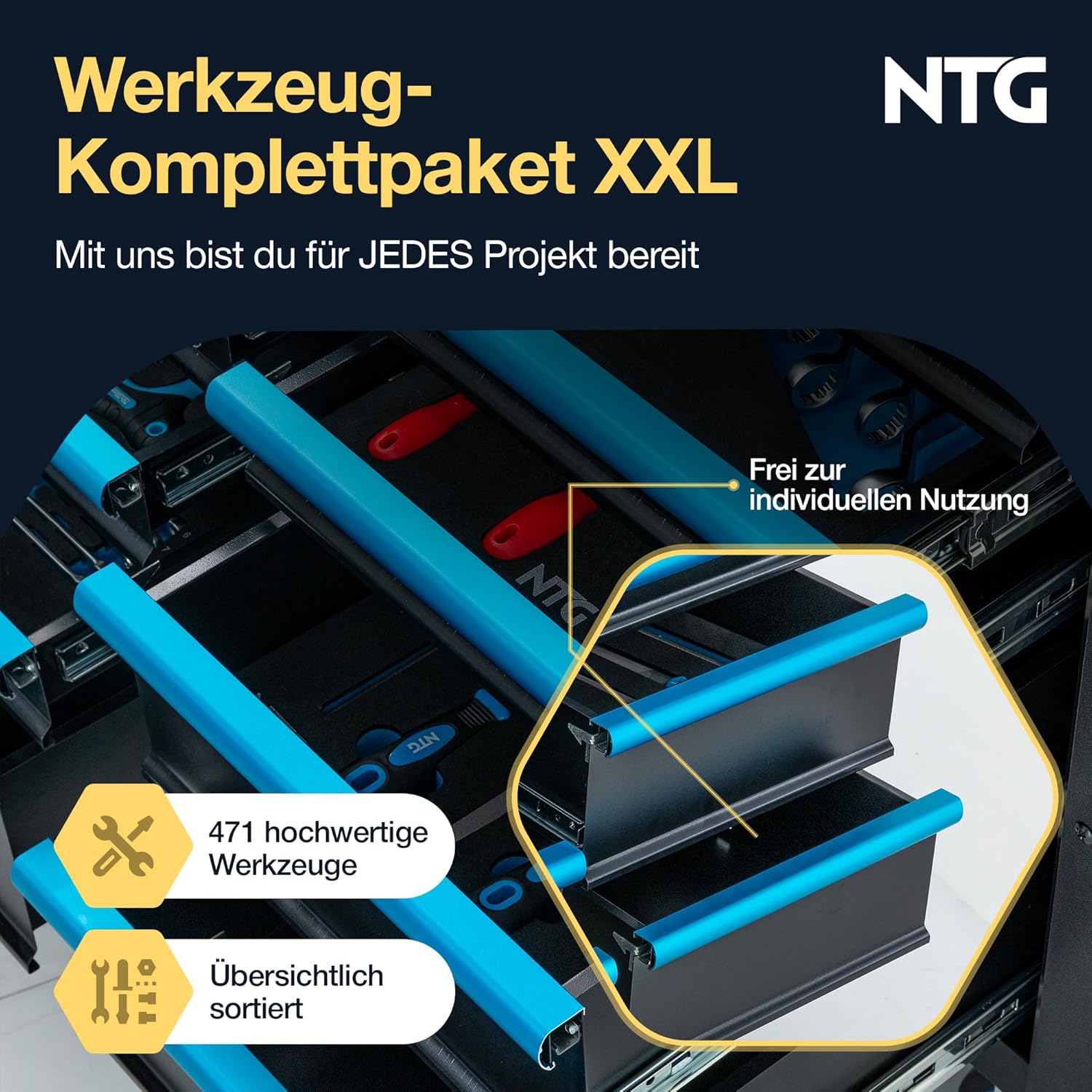 NTG Werkzeugwagen XXL – 471-tlg. bestückt – 12 Schubladen mit Holzarbeitsplatte, abschließbar, mobil auf Rollen – Profi Werkstattwagen aus Metall für Garage & Werkstatt