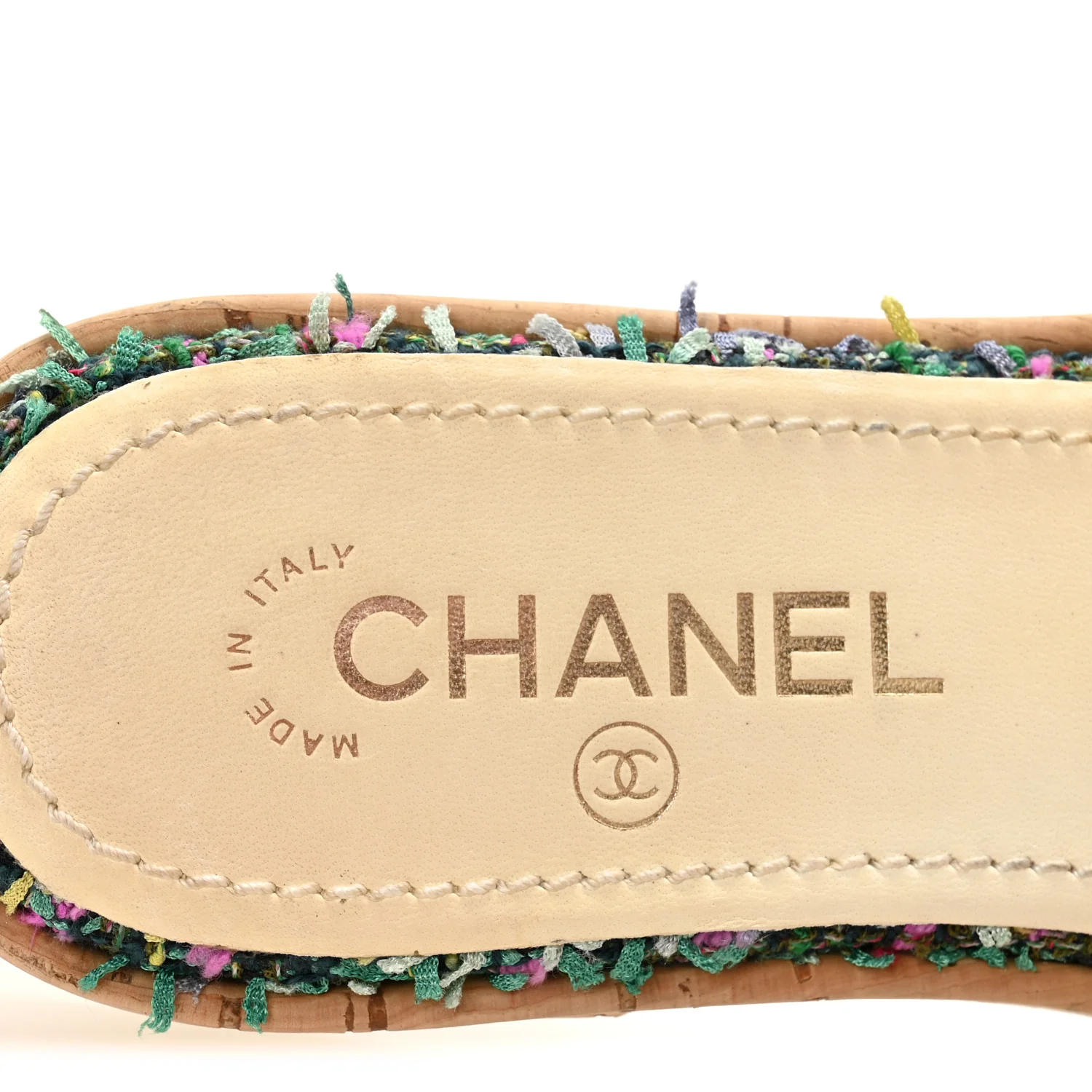 Tweed Cork CC Chain Mule Sandal 36.5 Green Multicolor