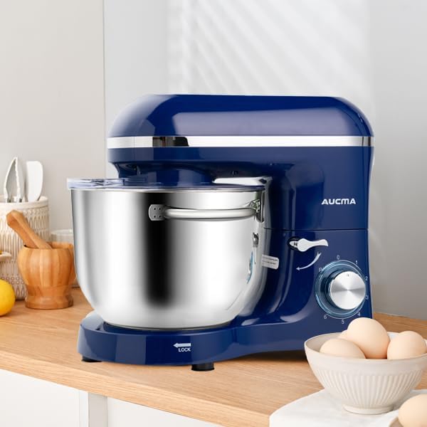 Aucma Stand Mixer, 6.5-QT 660W 6-Speed Tilt-Head Food Mixer, Kitchen Electric Mixer with Dough Hook, Wire Whip & Beater (Royal Blue, 6.5QT)