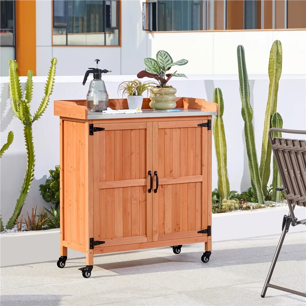 Renwick Garden Potting Bench Table with Cabinet, Brown