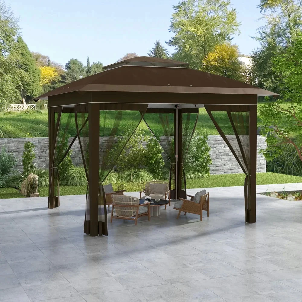 GVN Backyard Garden Canopy, Camping Canopy Screen Tent,12' x 12' Pop Up Canopy Tent with Netting and Carry Bag, Dark Brown