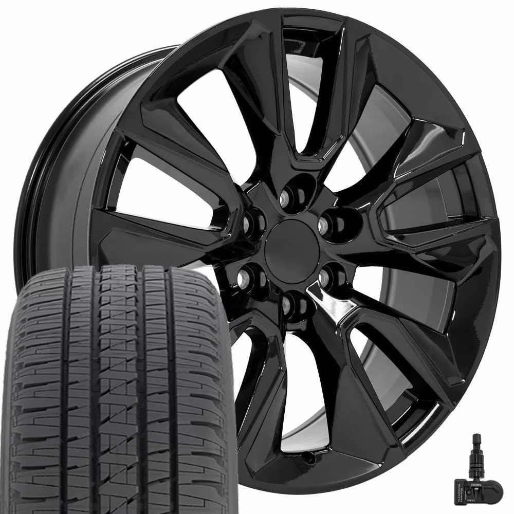 OE Wheels CV32 22 in Rims and Tires Fit Silverado 1500 Style 6x139.7 22x9 Gloss Black - Hollander 5916 - Dueler H/L Alenza 285/45 - 22 (Set of 4)