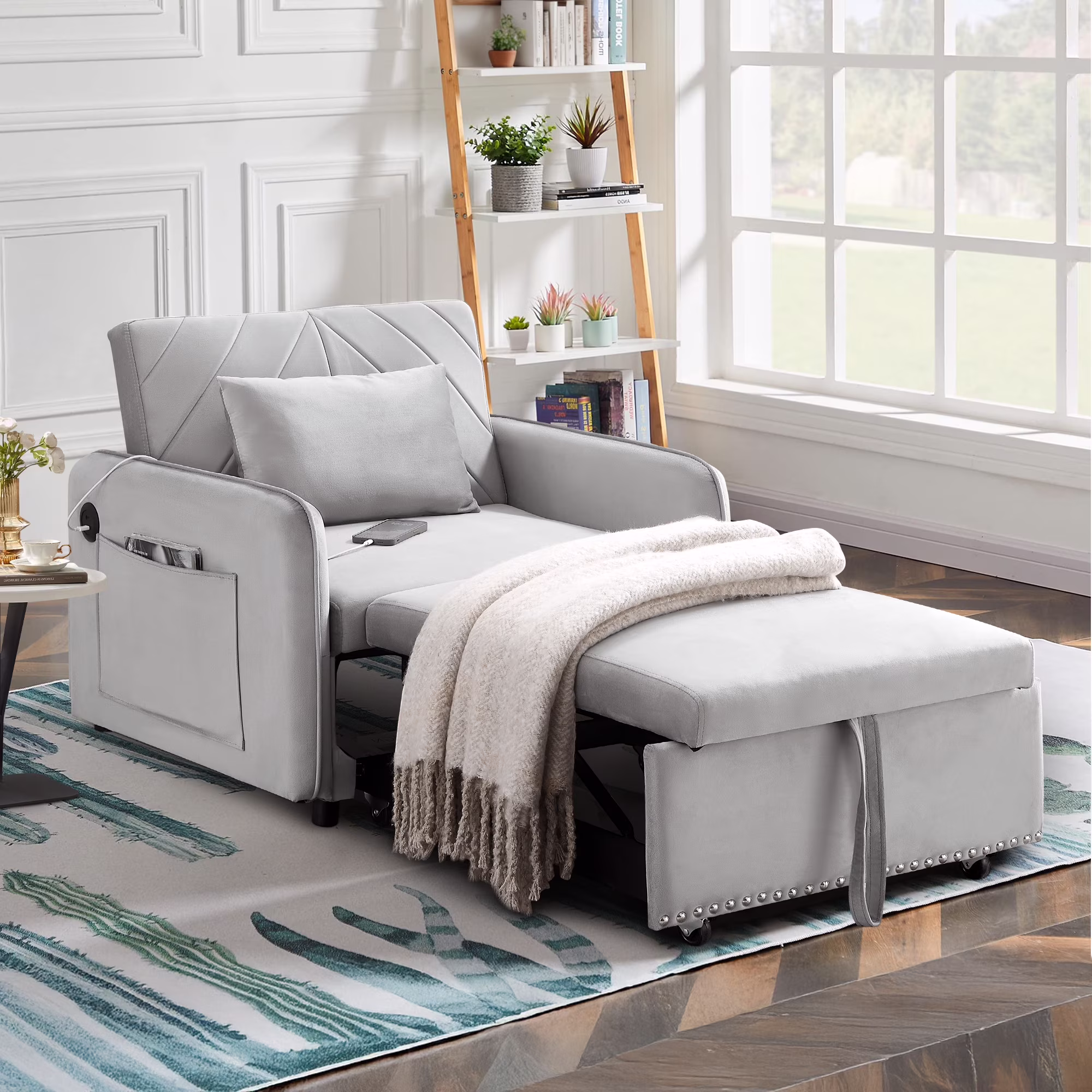 3-in-1 Convertible Sleeper Chair Bed, Indoor Lounge Chair with USB/Type-C Charging Ports, Modern Recliner Sofa for Living Room, Gray Velvet(Gray)