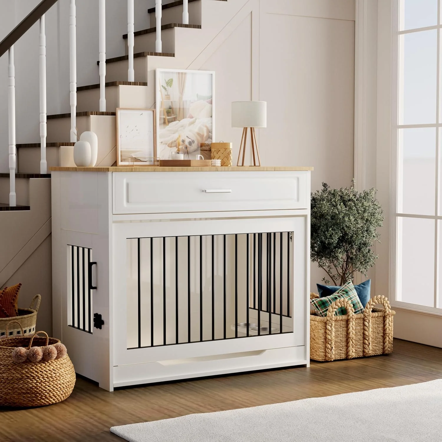 White Wooden Dog Cage Furniture with Rotating Bowl & Drawer For Medium Large Dogs