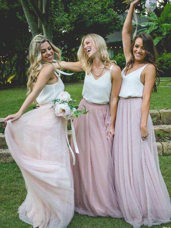 Gorgeous Two Piece Pink Tulle Long Bridesmaid Dress with White Top DMM95